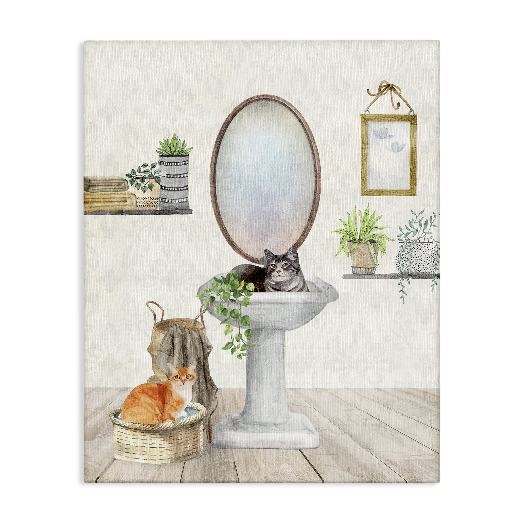 Stupell Industries Cats in Bathroom Scene Bath & Laundry Painting Wrapped Canvas Art Print Wall Art, 36 x 48