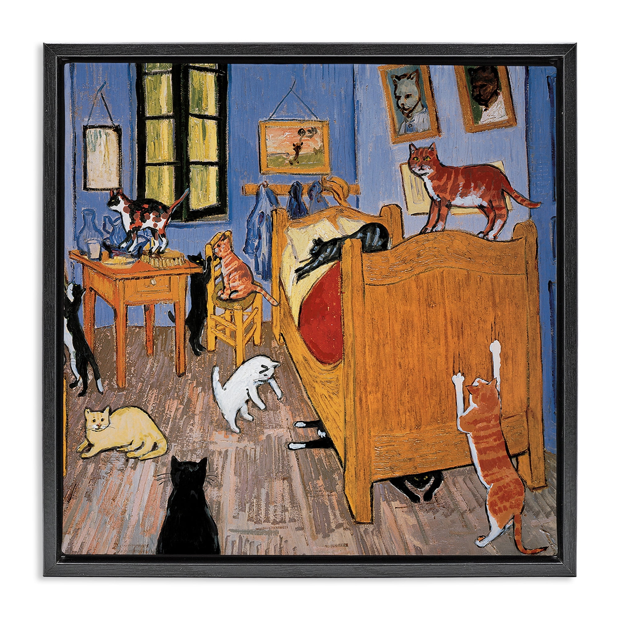 Stupell Industries Cats in Bedroom Classics Parody Animals & Insects Painting Black Floater Framed Canvas Art Print Wall Art, 25 x 25