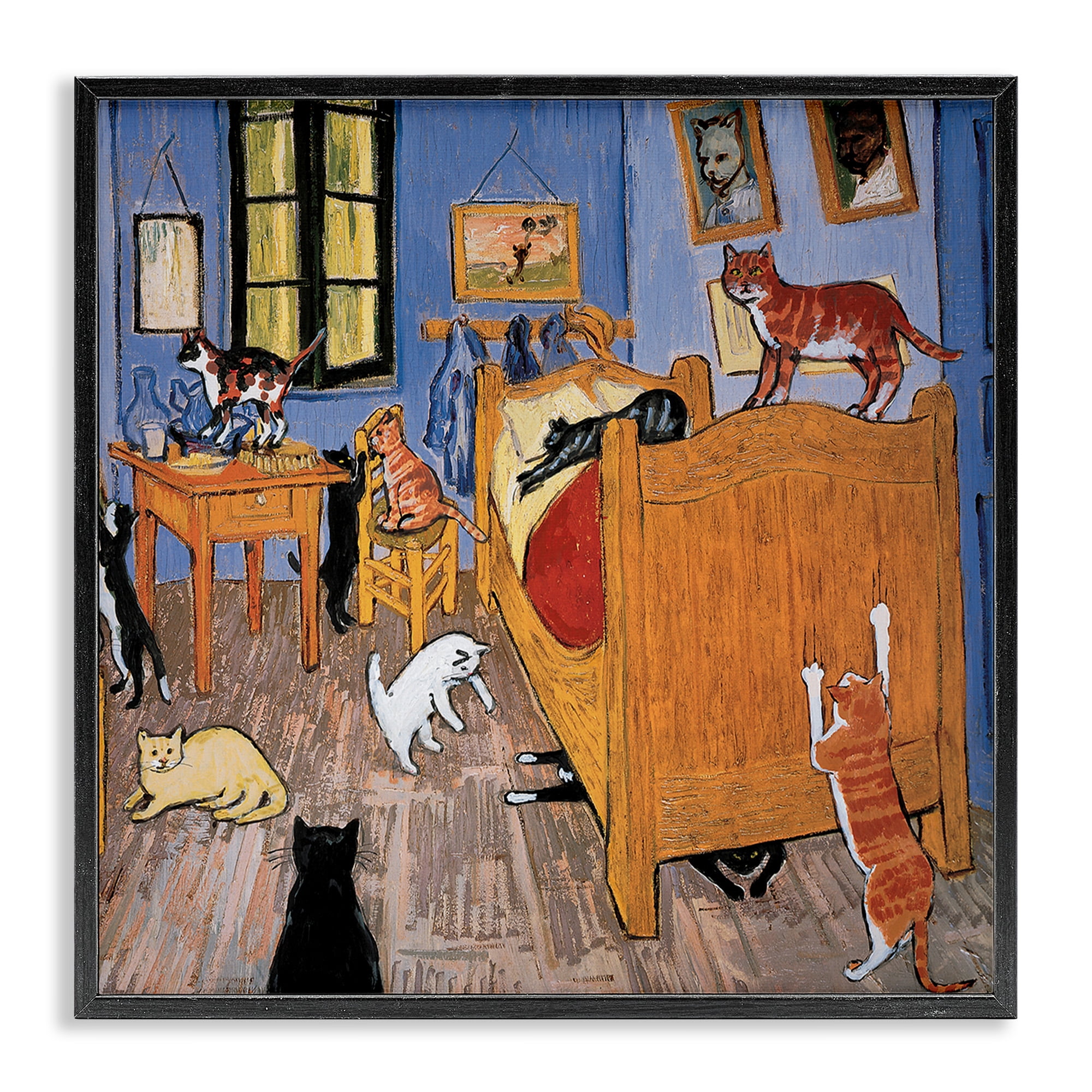 Stupell Industries Cats in Bedroom Classics Parody Animals & Insects Painting Black Framed Art Print Wall Art, 24 x 24