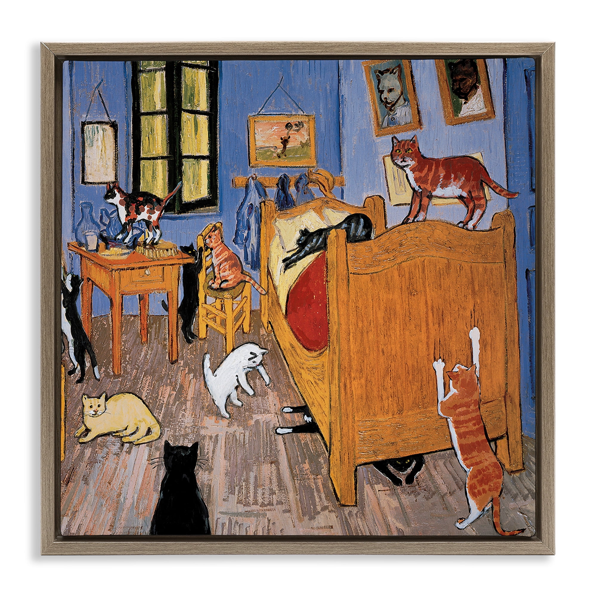 Stupell Industries Cats in Bedroom Classics Parody Animals & Insects Painting Brown Floater Framed Canvas Art Print Wall Art, 18 x 18