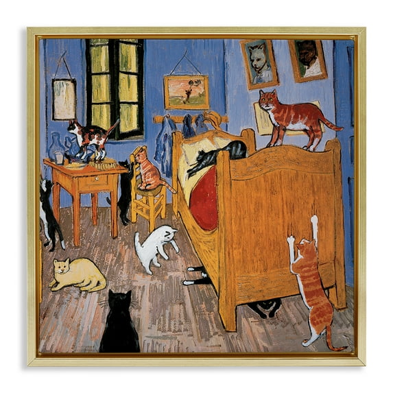 Stupell Industries Cats in Bedroom Classics Parody Animals & Insects Painting Gold Floater Framed Canvas Art Print Wall Art, 18 x 18