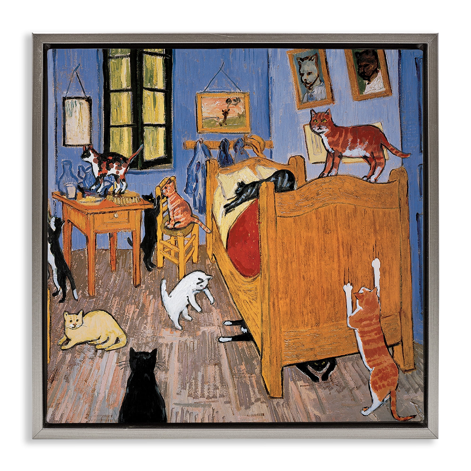 Stupell Industries Cats in Bedroom Classics Parody Animals & Insects Painting Gray Floater Framed Canvas Art Print Wall Art, 25 x 25