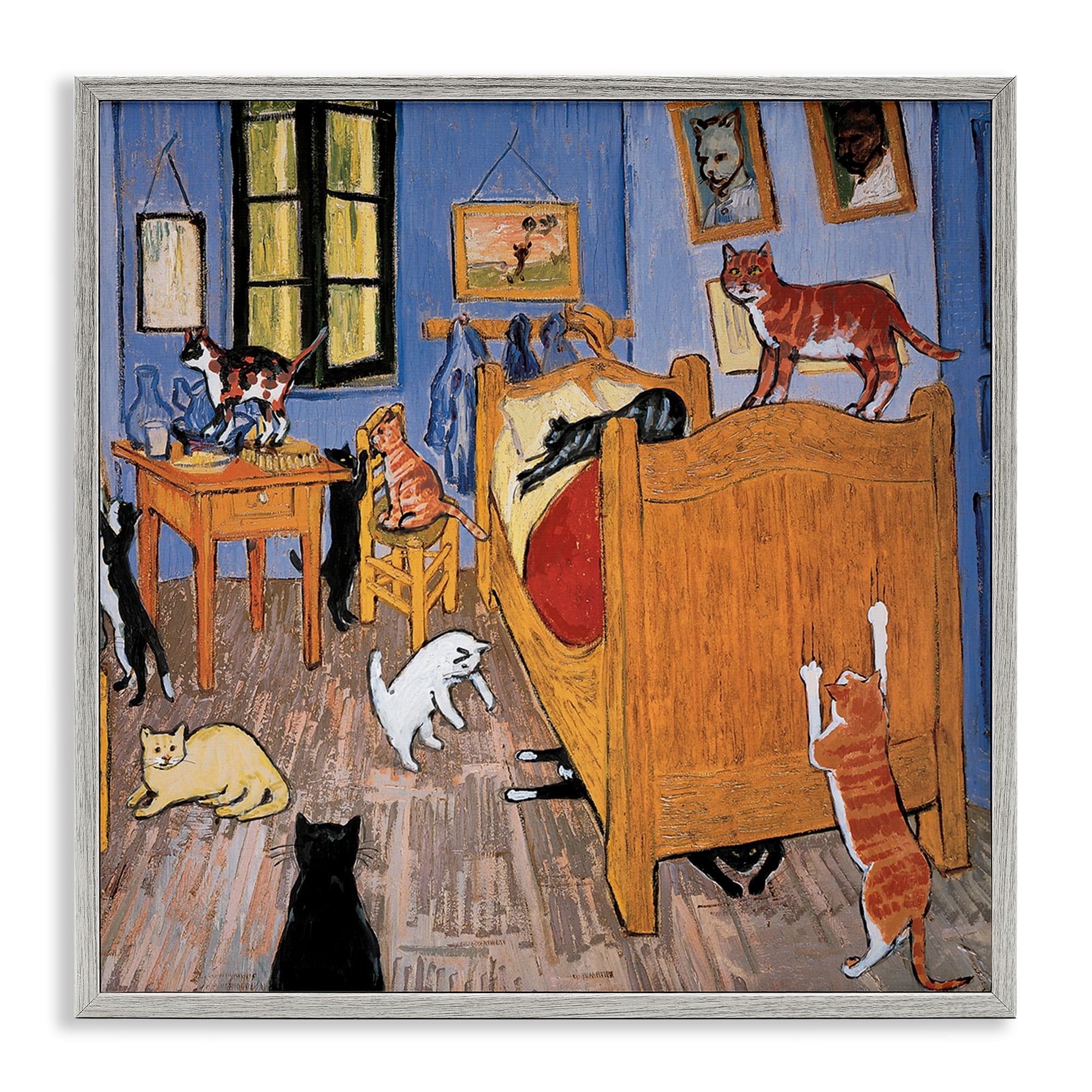 Stupell Industries Cats in Bedroom Classics Parody Animals & Insects Painting Gray Framed Art Print Wall Art, 24 x 24