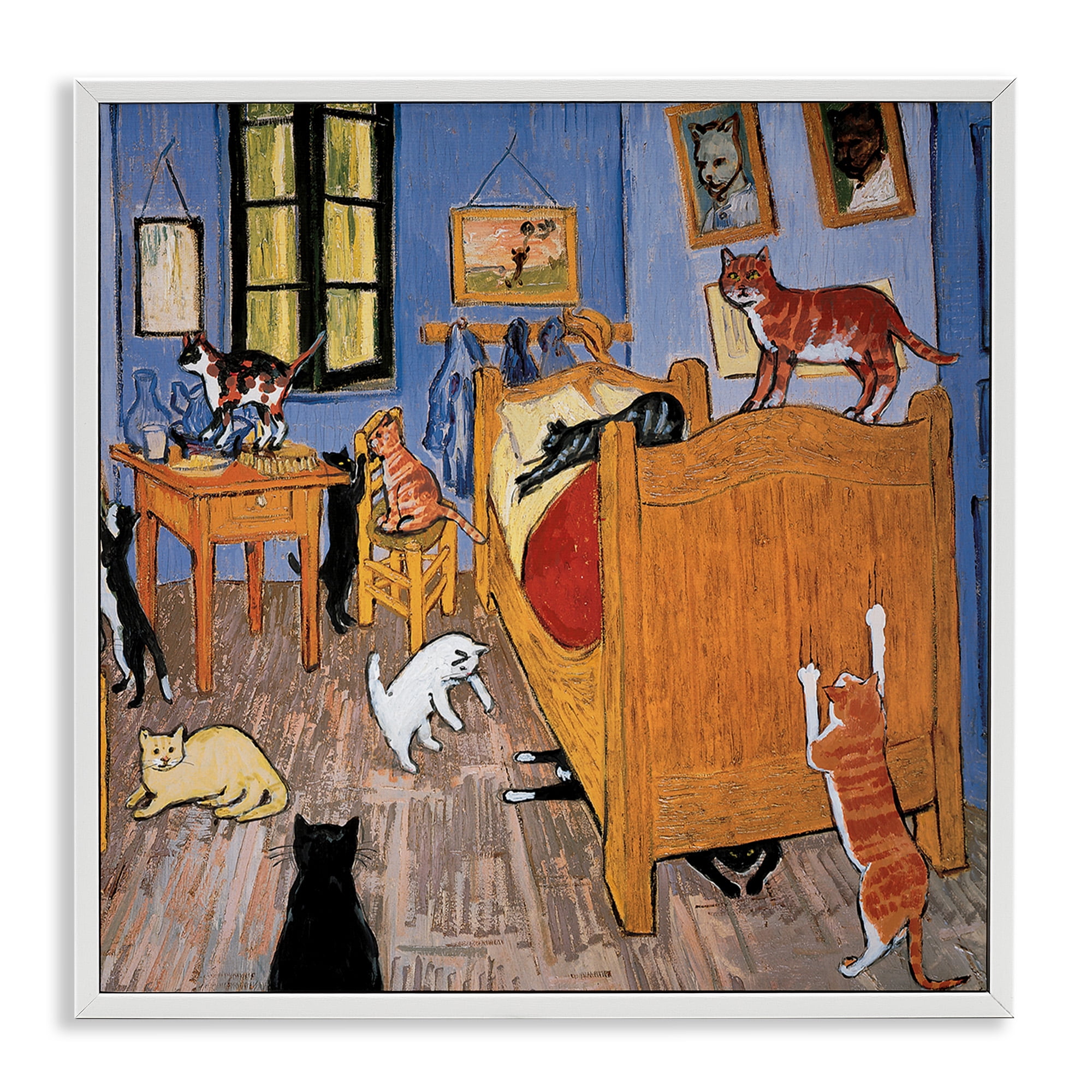 Stupell Industries Cats in Bedroom Classics Parody Animals & Insects Painting White Framed Art Print Wall Art, 17 x 17