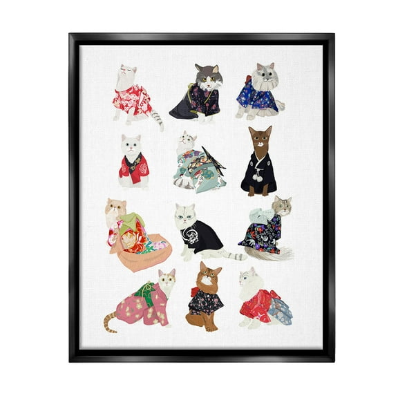 Stupell Industries Cats in Traditional Kimono Animals & Insects Painting Black Floater Framed Canvas Art Print Wall Art, 17 x 21