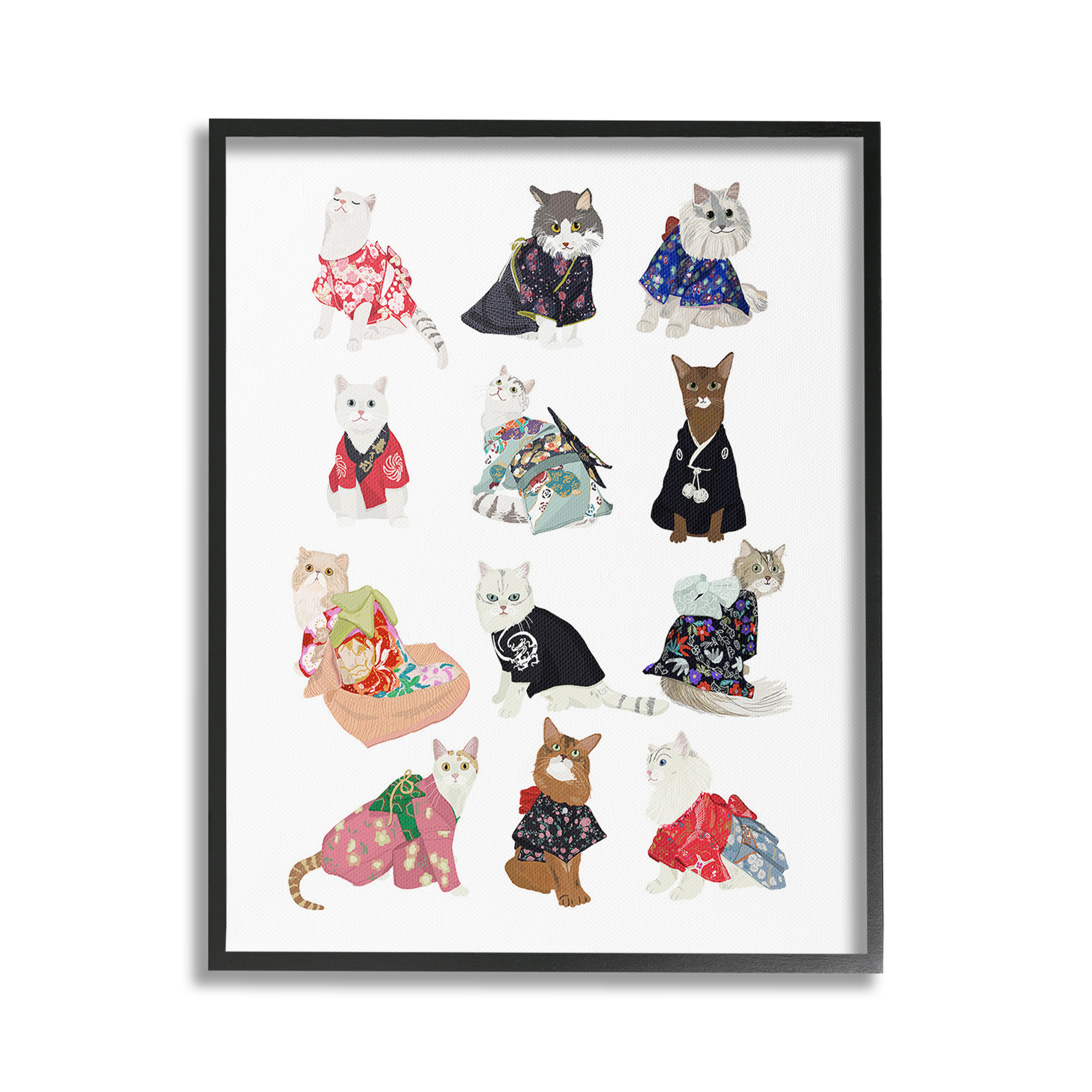 Stupell Industries Cats in Traditional Kimono Animals & Insects Painting Black Framed Art Print Wall Art, 24 x 30