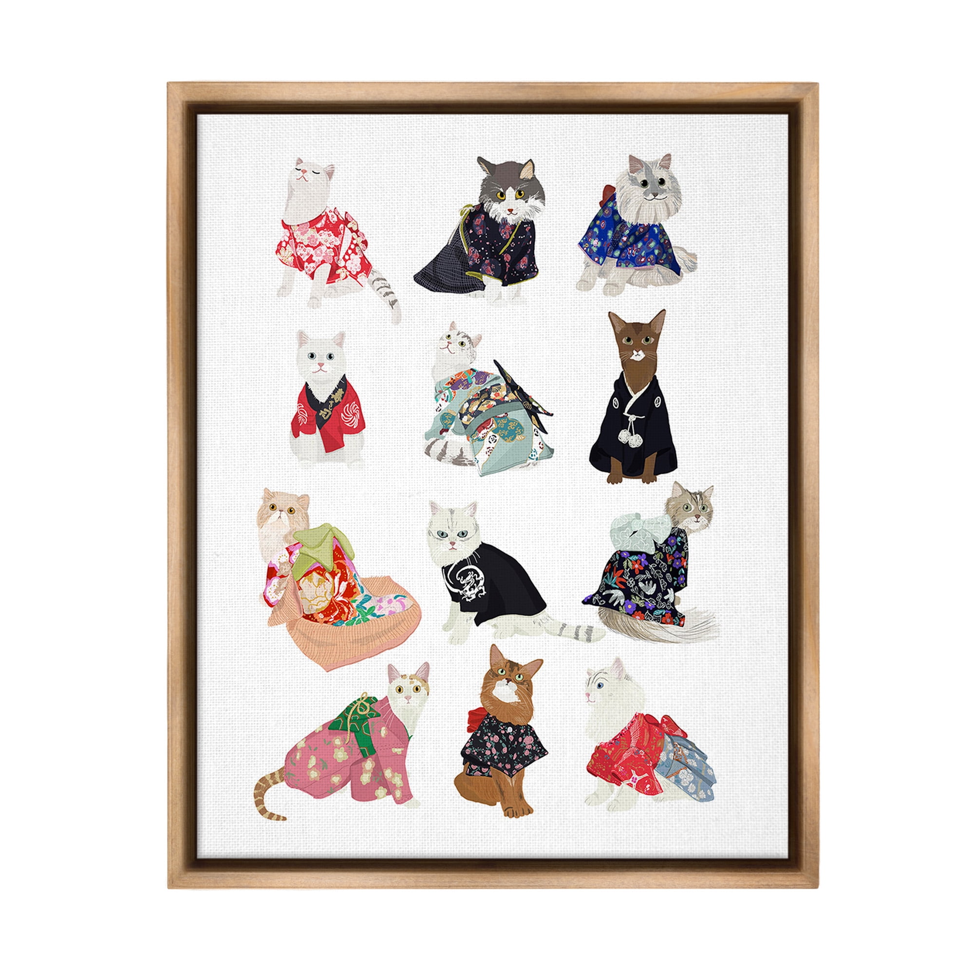 Stupell Industries Cats in Traditional Kimono Animals & Insects Painting Brown Floater Framed Canvas Art Print Wall Art, 17 x 21