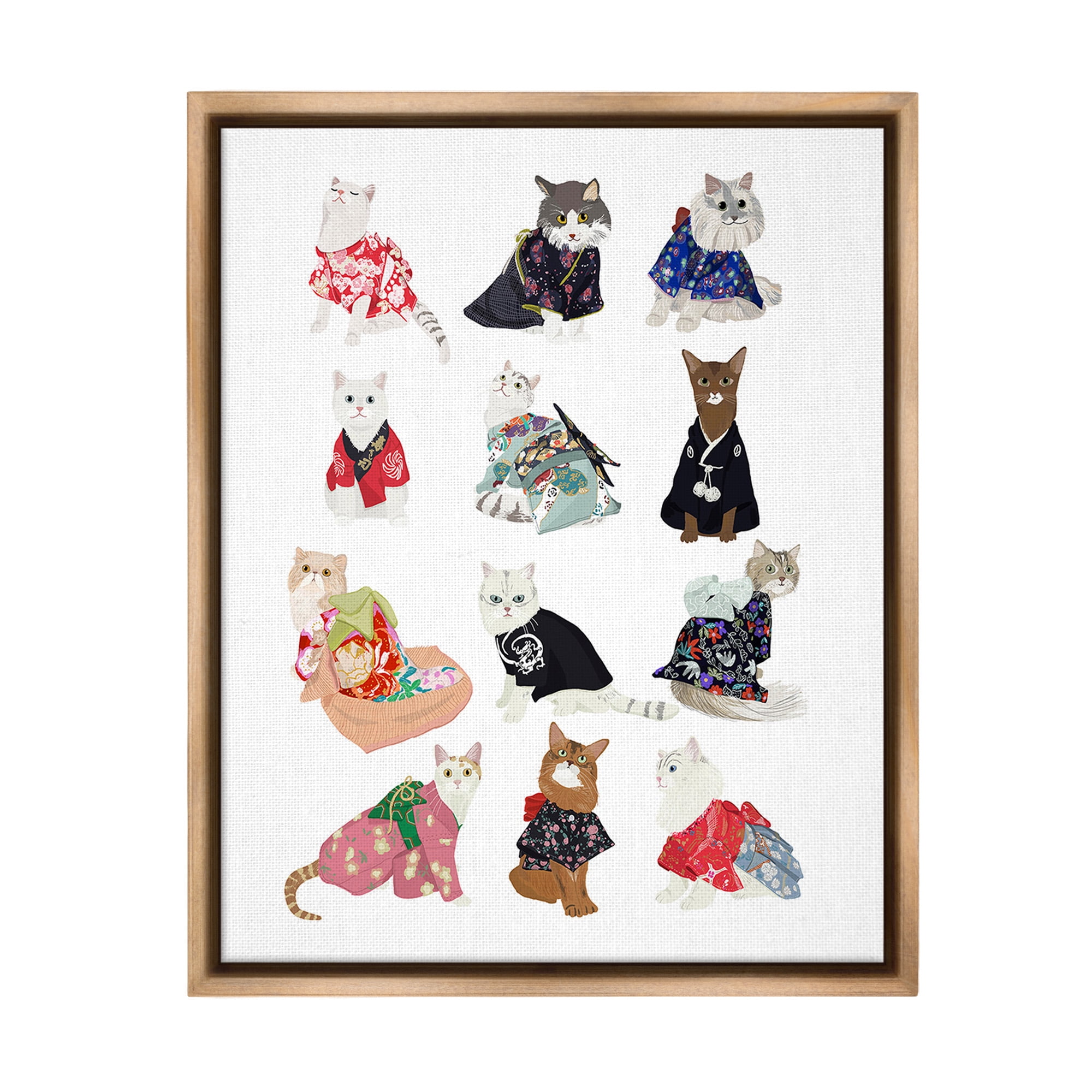 Stupell Industries Cats in Traditional Kimono Animals & Insects Painting Brown Floater Framed Canvas Art Print Wall Art, 25 x 31