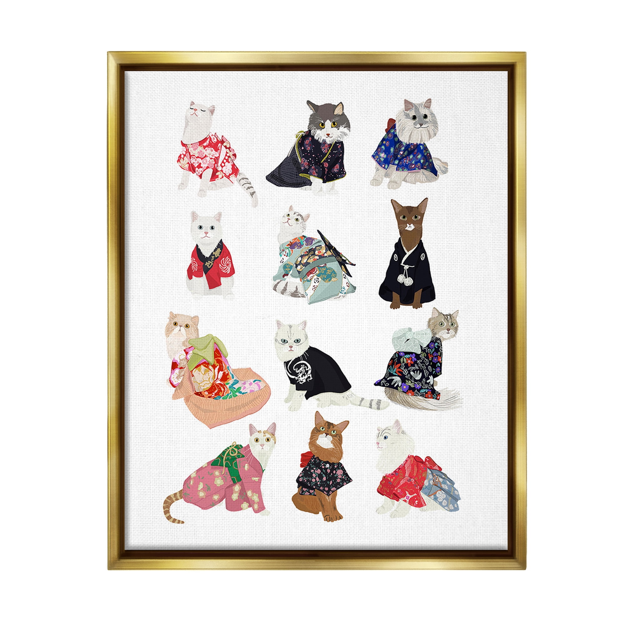 Stupell Industries Cats in Traditional Kimono Animals & Insects Painting Gold Floater Framed Canvas Art Print Wall Art, 25 x 31