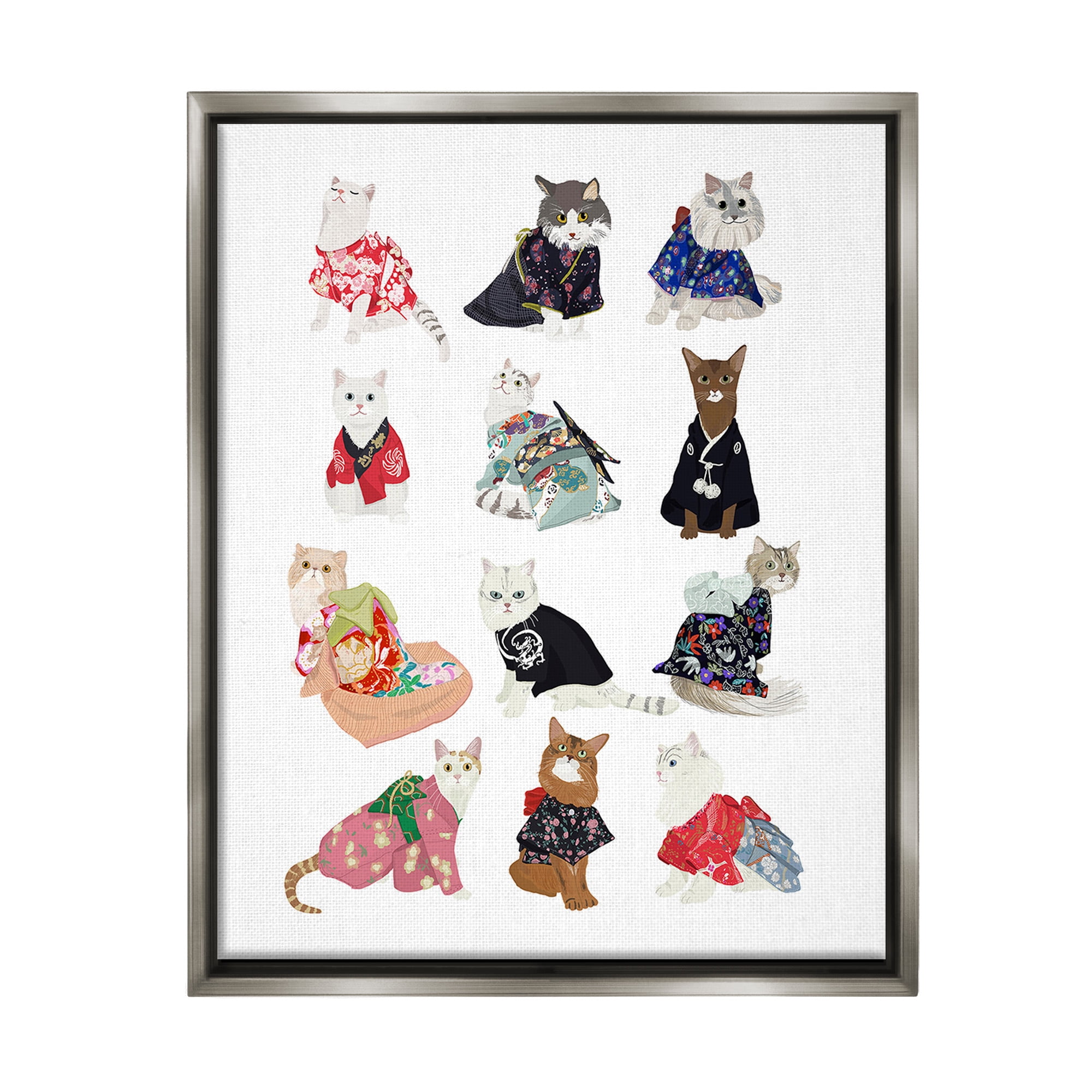 Stupell Industries Cats in Traditional Kimono Animals & Insects Painting Gray Floater Framed Canvas Art Print Wall Art, 25 x 31