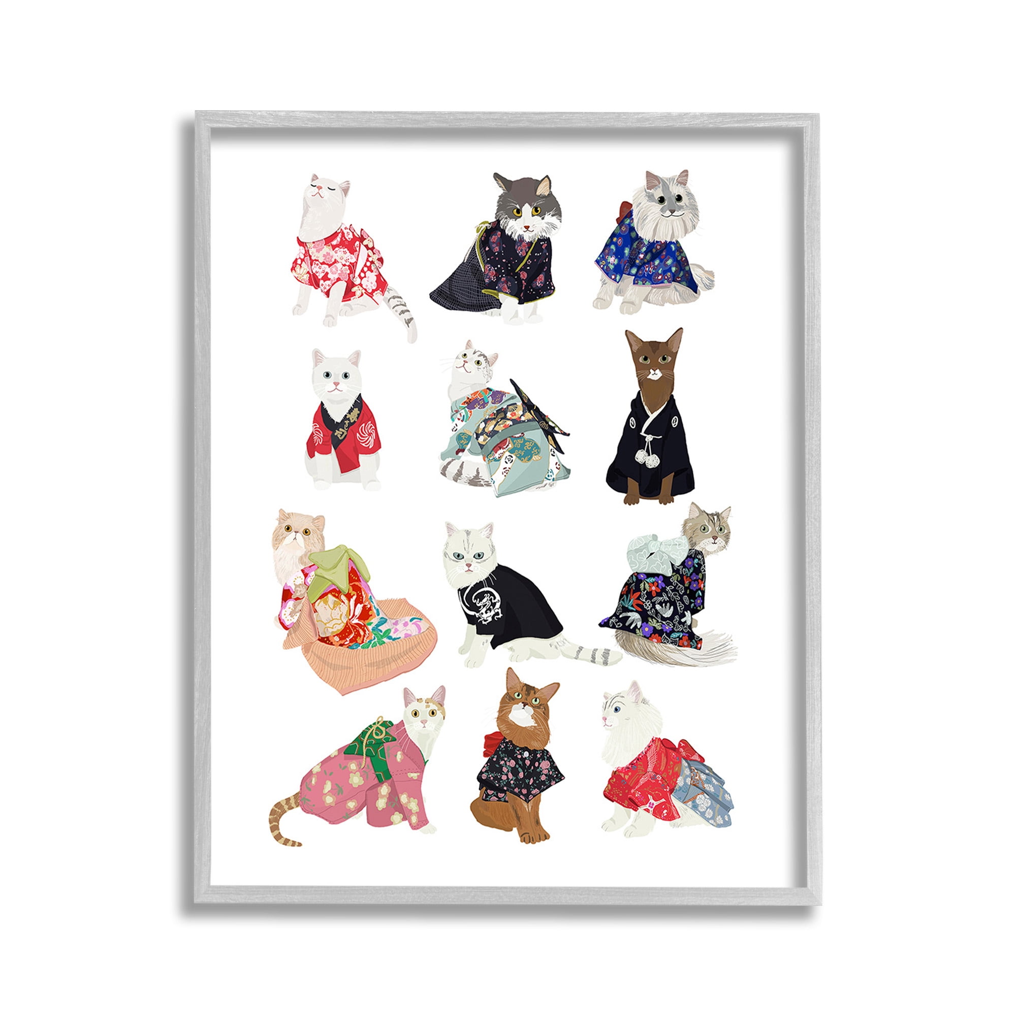 Stupell Industries Cats in Traditional Kimono Animals & Insects Painting Gray Framed Art Print Wall Art, 11 x 14