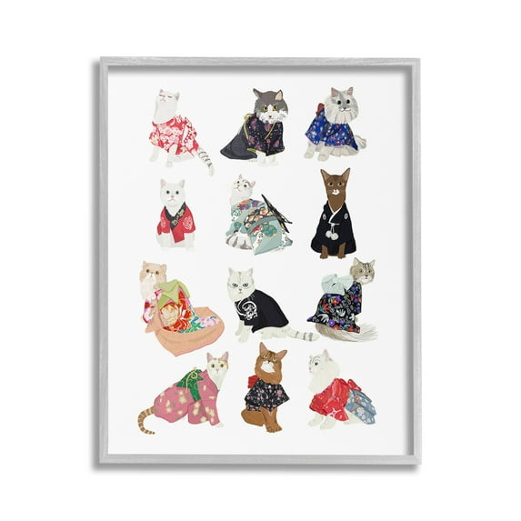 Stupell Industries Cats in Traditional Kimono Animals & Insects Painting Gray Framed Art Print Wall Art, 16 x 20