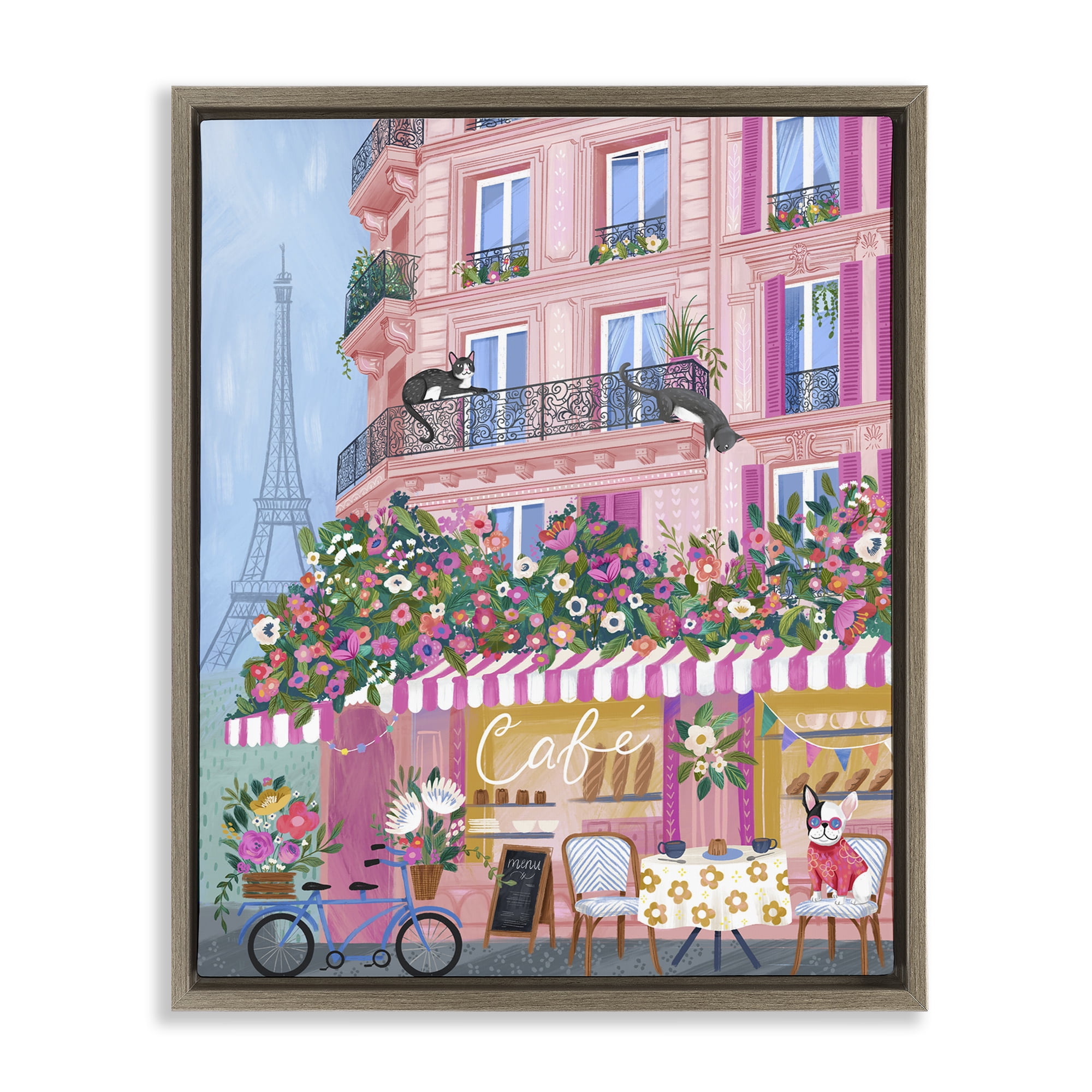 Stupell Industries Cats on Cafe Balcony Brown Framed Floater Canvas Wall Art, design by Arrolynn Weiderhold