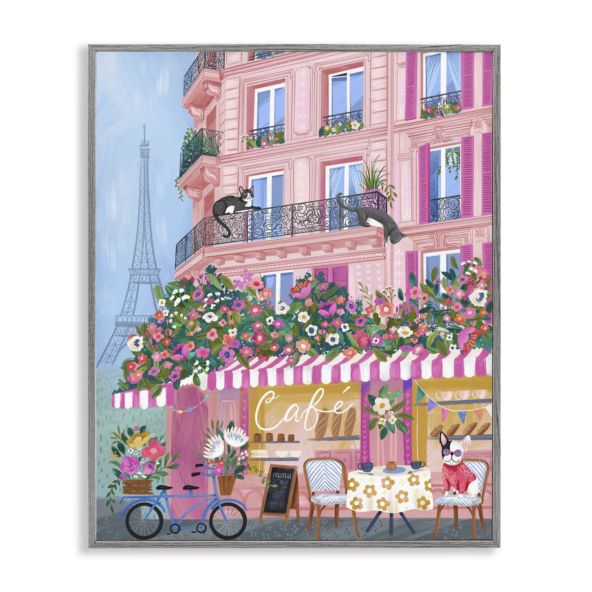 Stupell Industries Cats on Cafe Balcony Gray Framed Giclee Art, design by Arrolynn Weiderhold