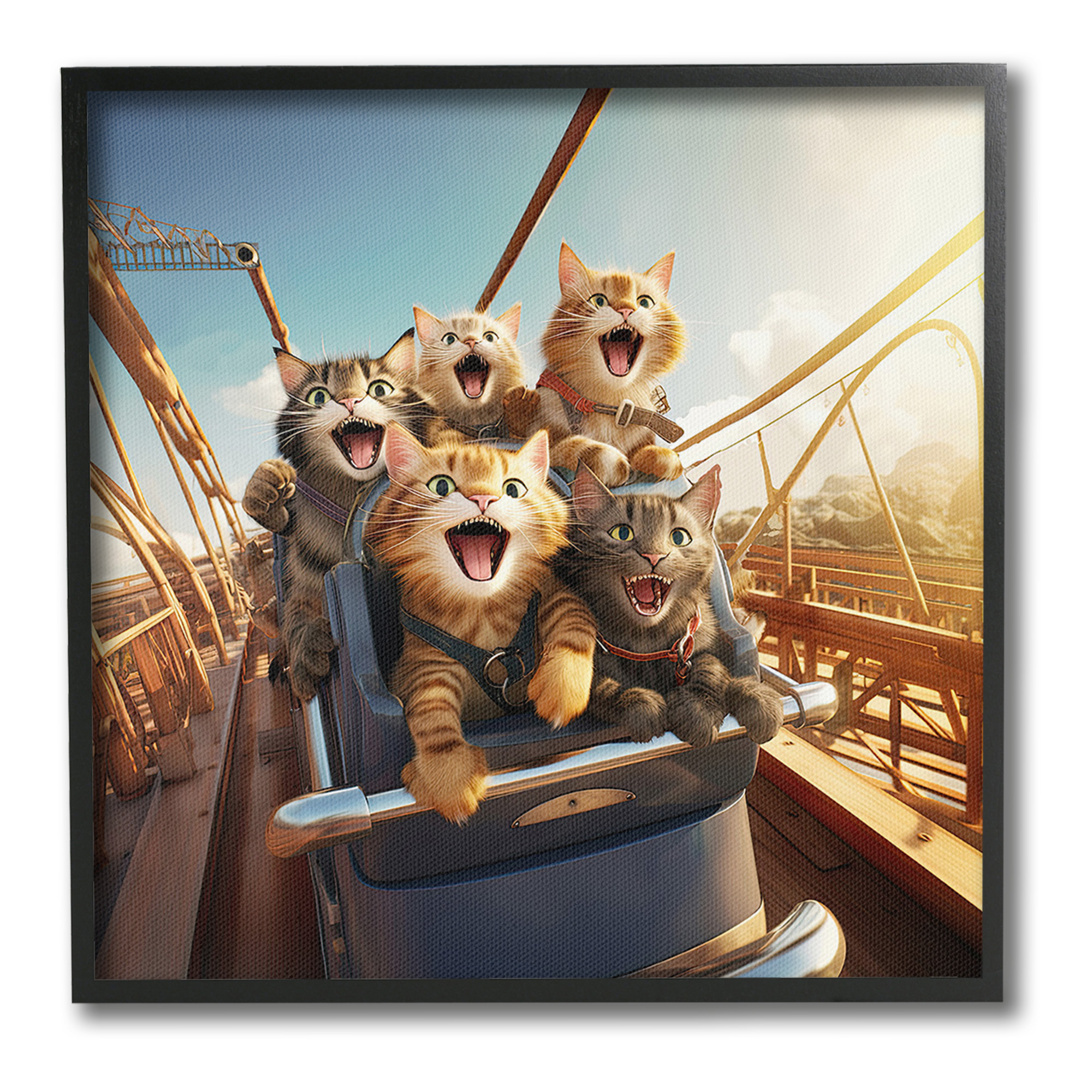 Stupell Industries Cats on Rollercoaster Animals & Insects Painting Black Framed Art Print Wall Art, 24 x 24
