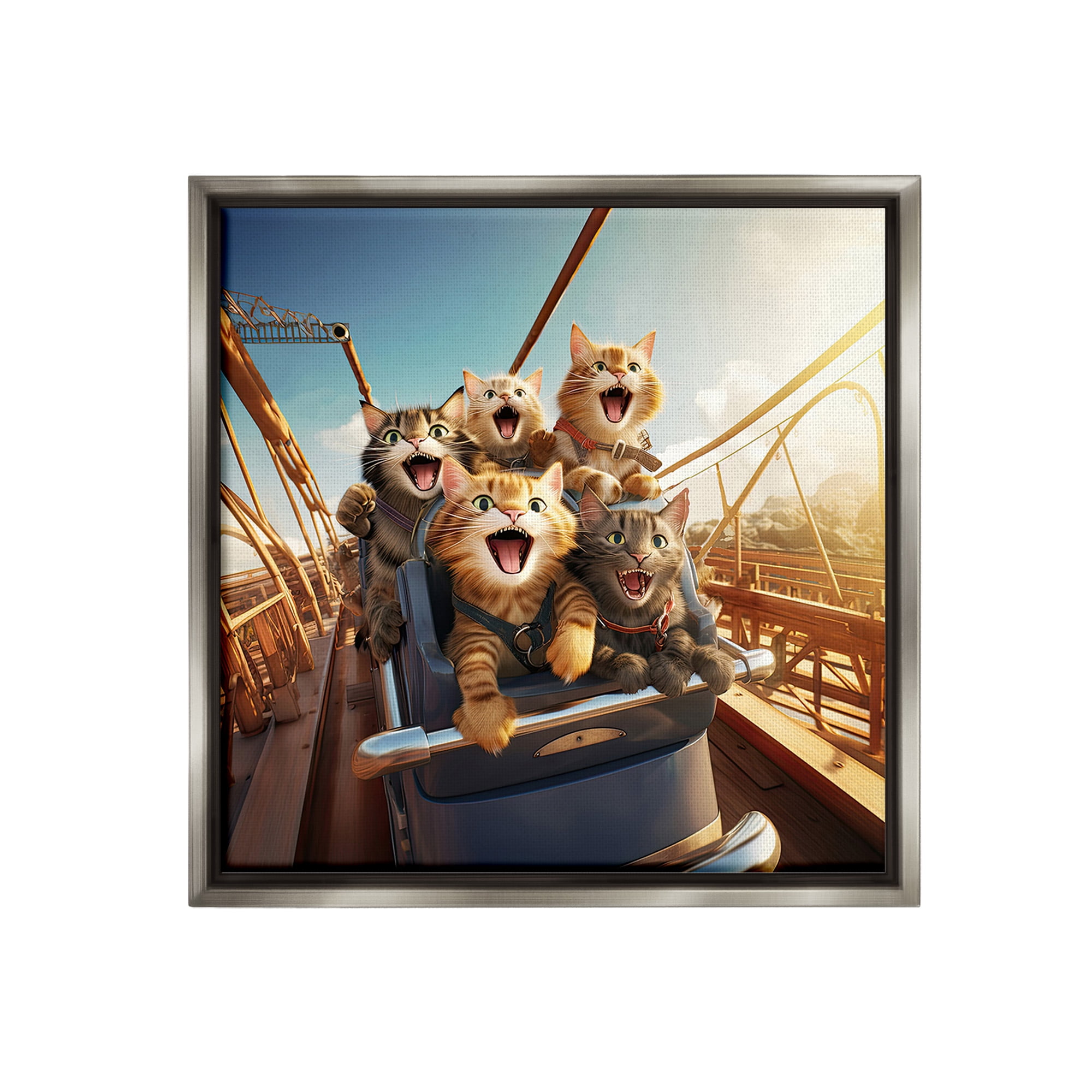 Stupell Industries Cats on Rollercoaster Animals & Insects Painting Gray Floater Framed Canvas Art Print Wall Art, 25 x 25