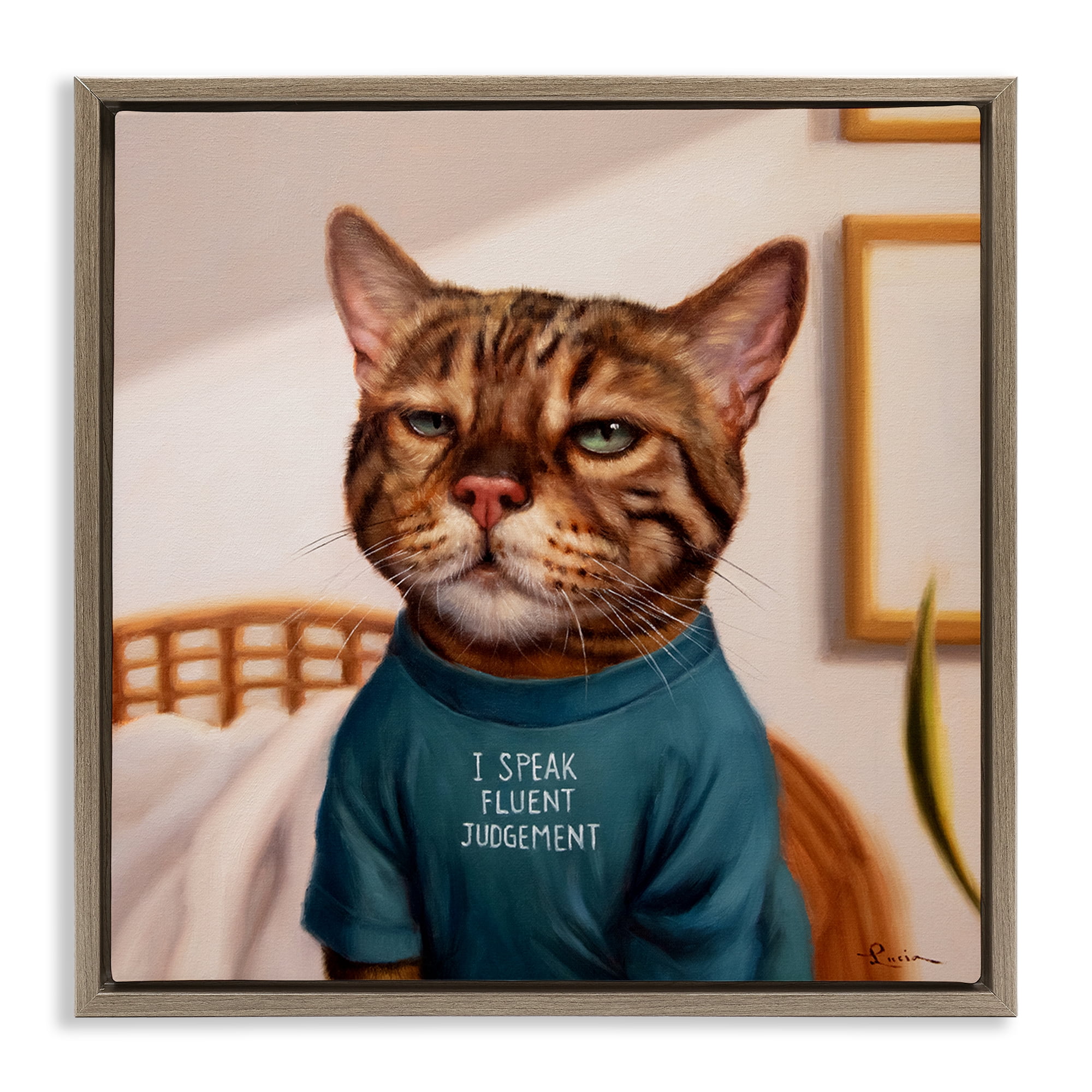 Stupell Industries Cattitude Speak Fluent Judgement Brown Framed Floater Canvas Wall Art, design by Lucia Heffernan