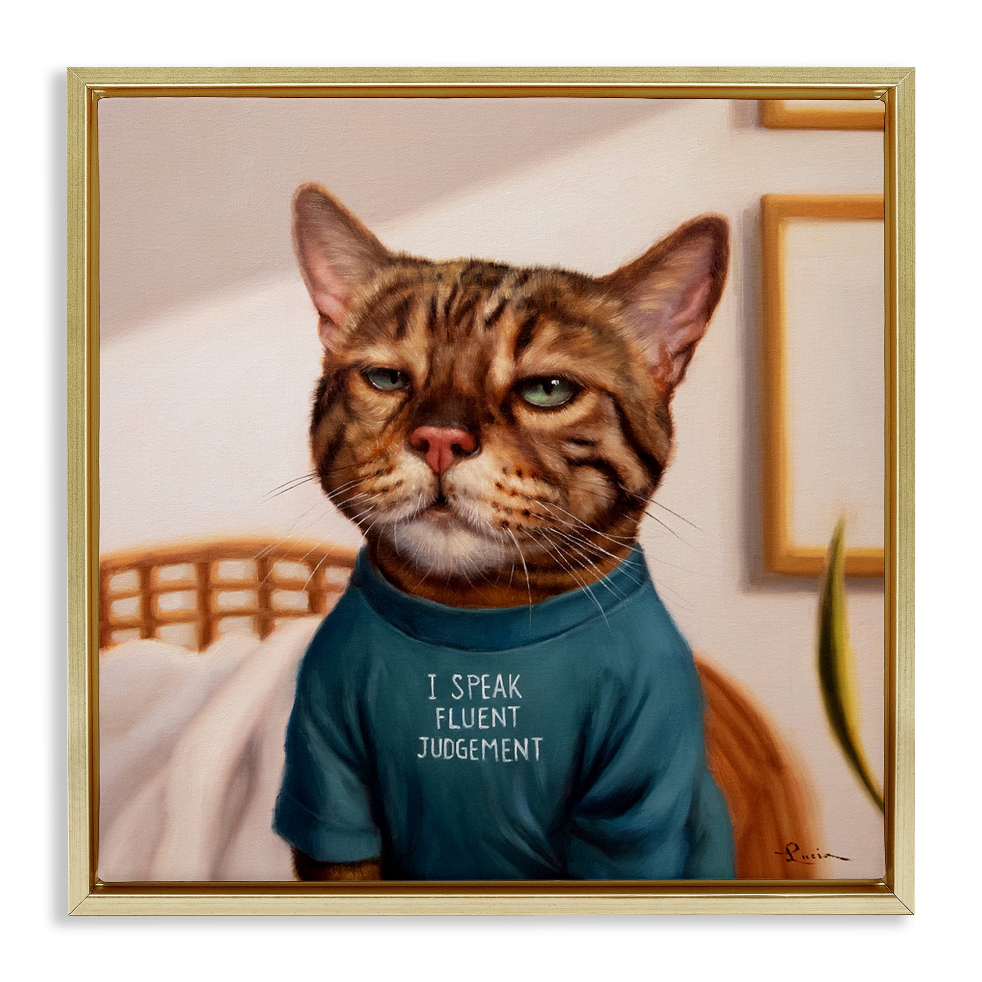 Stupell Industries Cattitude Speak Fluent Judgement Gold Framed Floater Canvas Wall Art, design by Lucia Heffernan