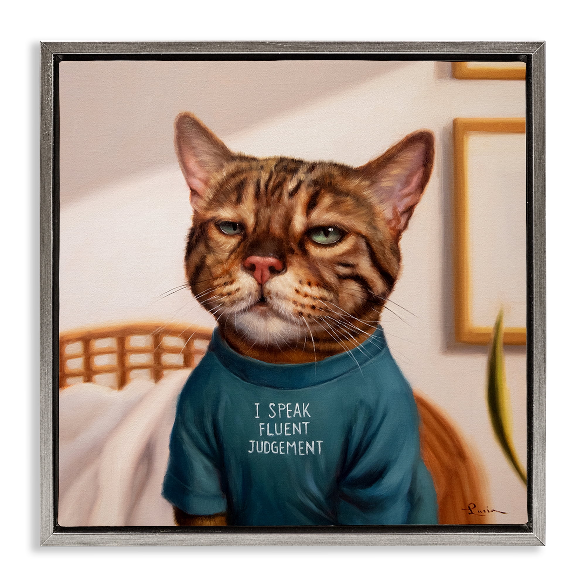 Stupell Industries Cattitude Speak Fluent Judgement Gray Framed Floater Canvas Wall Art, design by Lucia Heffernan