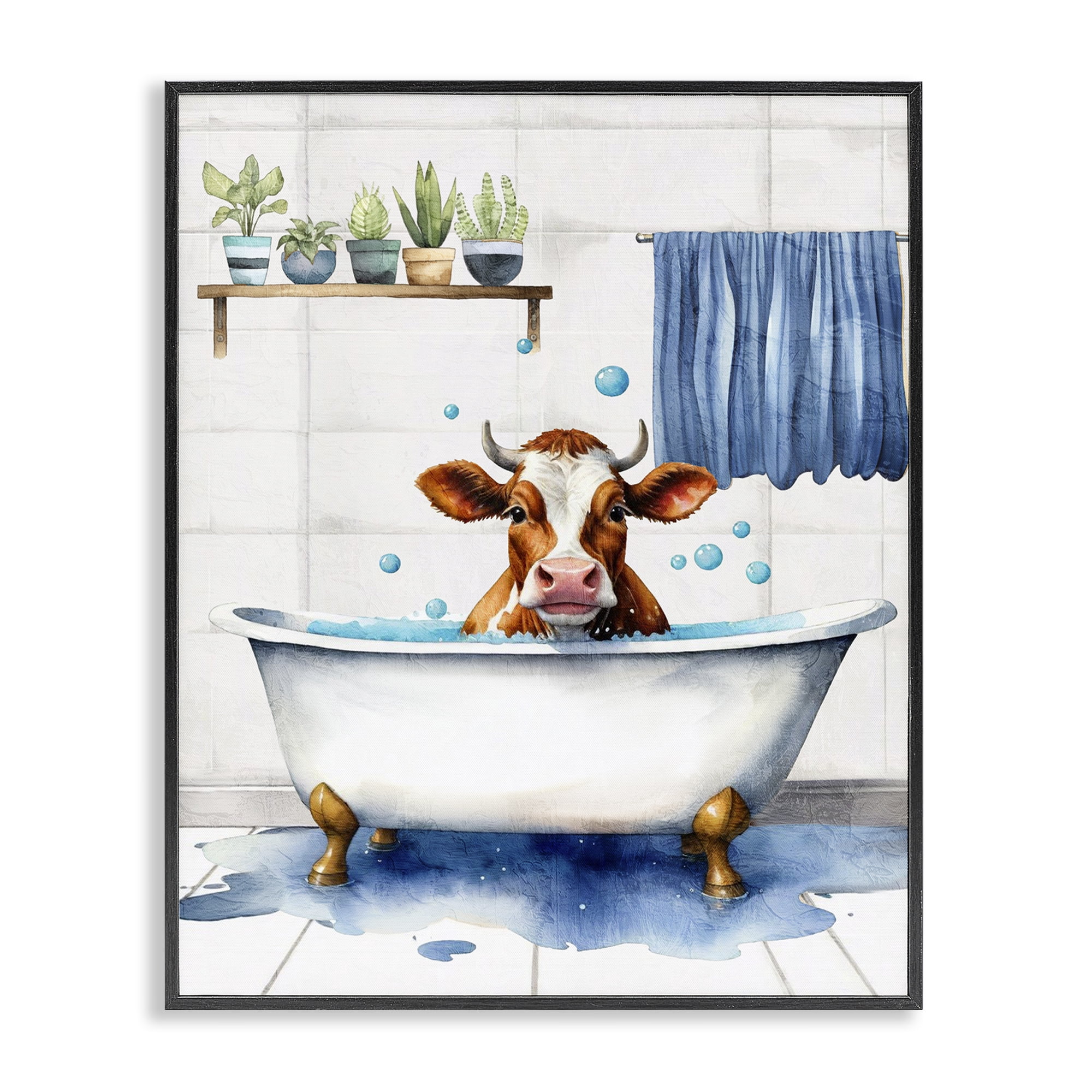 Stupell Industries Cattle Bathtime Suds Bath & Laundry Painting Black Framed Art Print Wall Art, 11 x 14