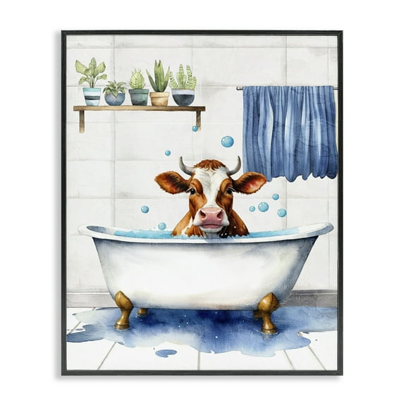 Stupell Industries Cattle Bathtime Suds Bath & Laundry Painting Black Framed Art Print Wall Art, 11 x 14