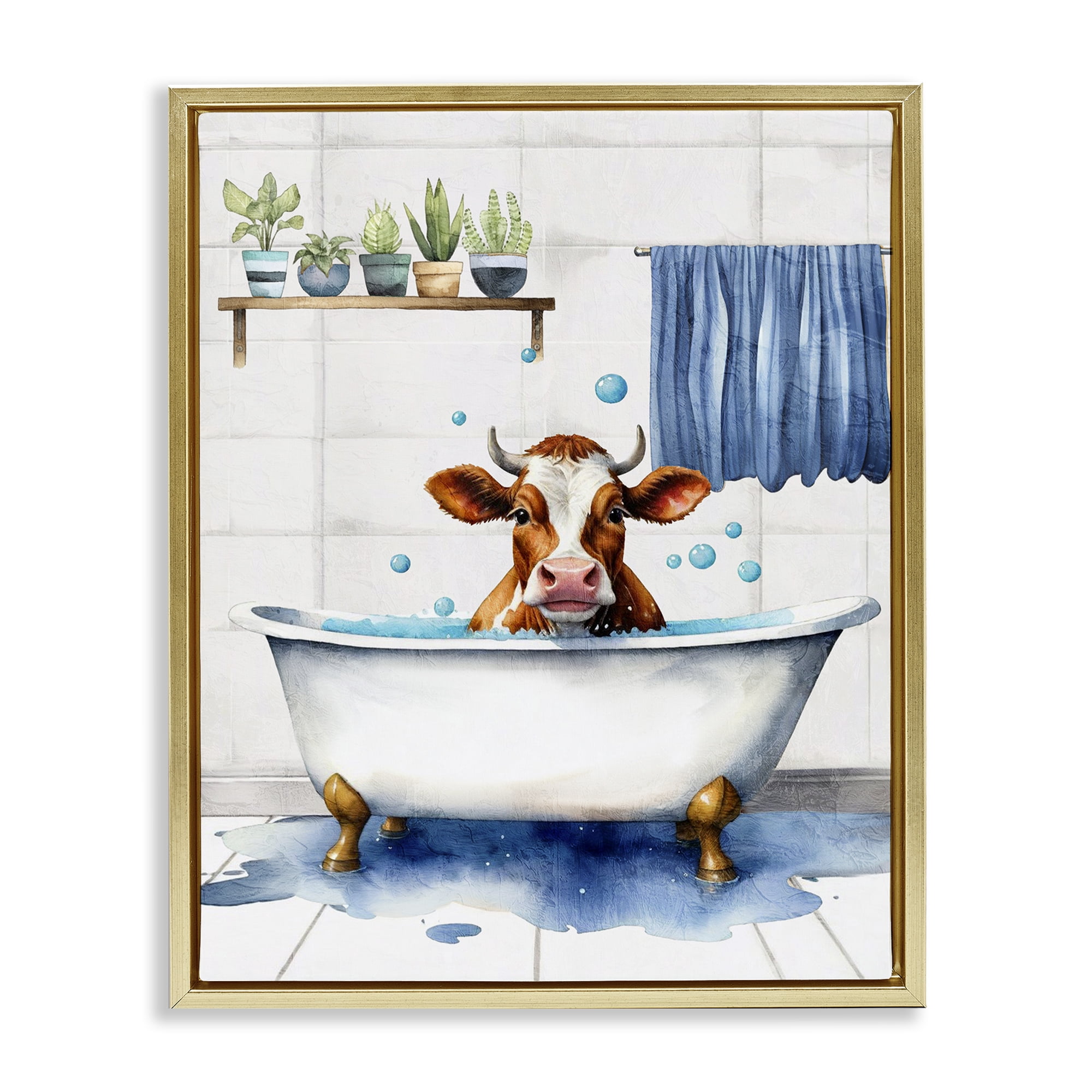 Stupell Industries Cattle Bathtime Suds Bath & Laundry Painting Gold Floater Framed Canvas Art Print Wall Art, 17 x 21