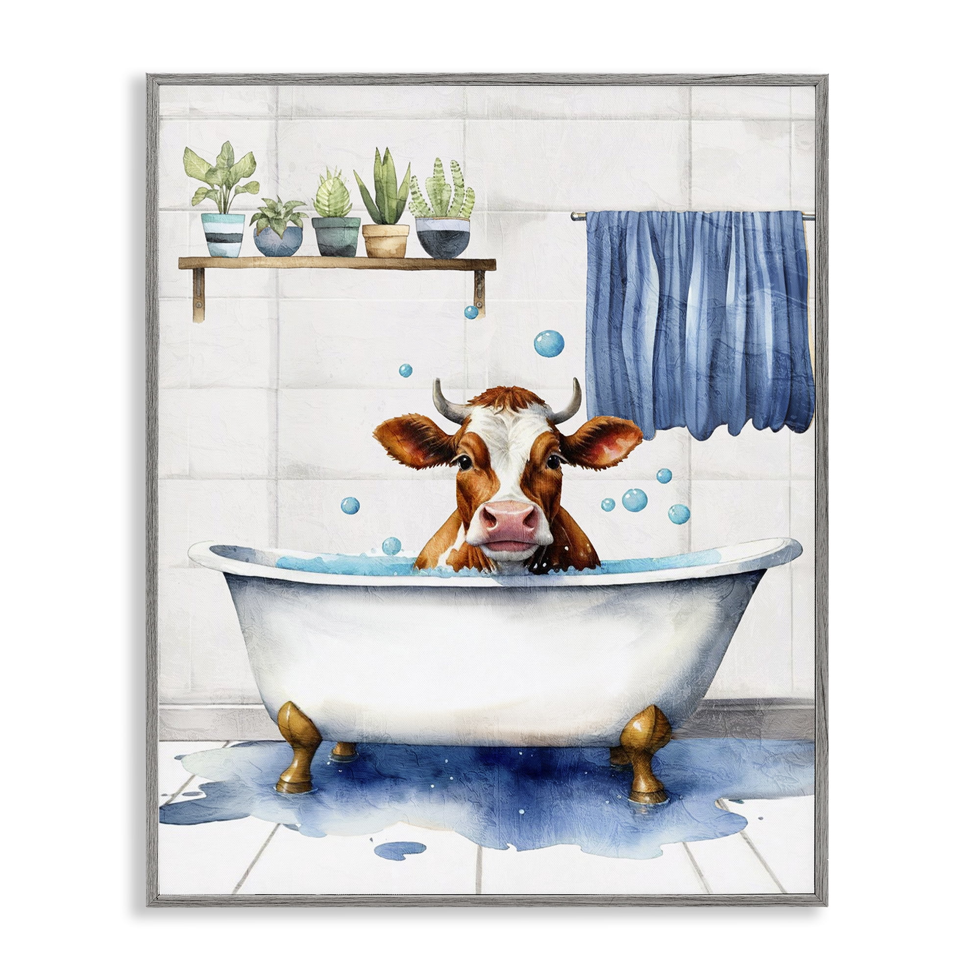 Stupell Industries Cattle Bathtime Suds Bath & Laundry Painting Gray Framed Art Print Wall Art, 11 x 14