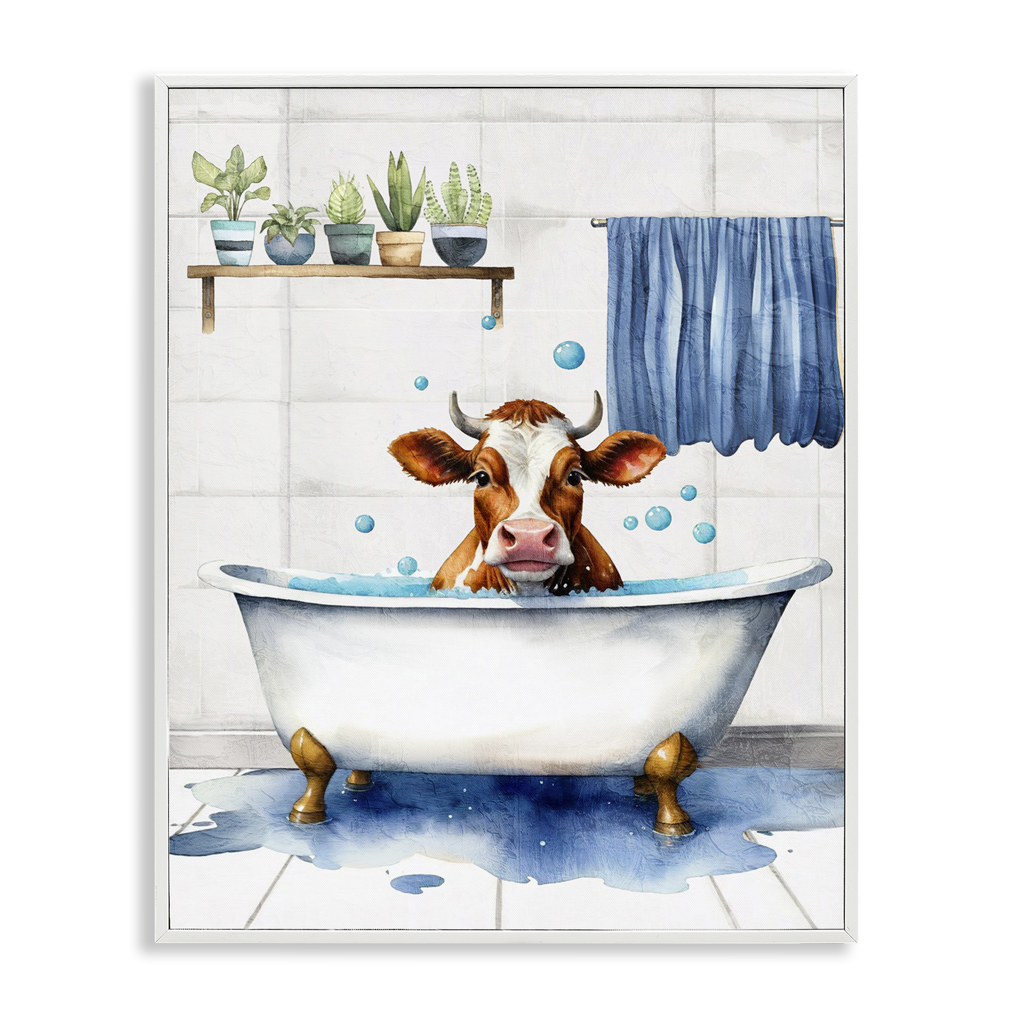 Stupell Industries Cattle Bathtime Suds Bath & Laundry Painting White Framed Art Print Wall Art, 11 x 14