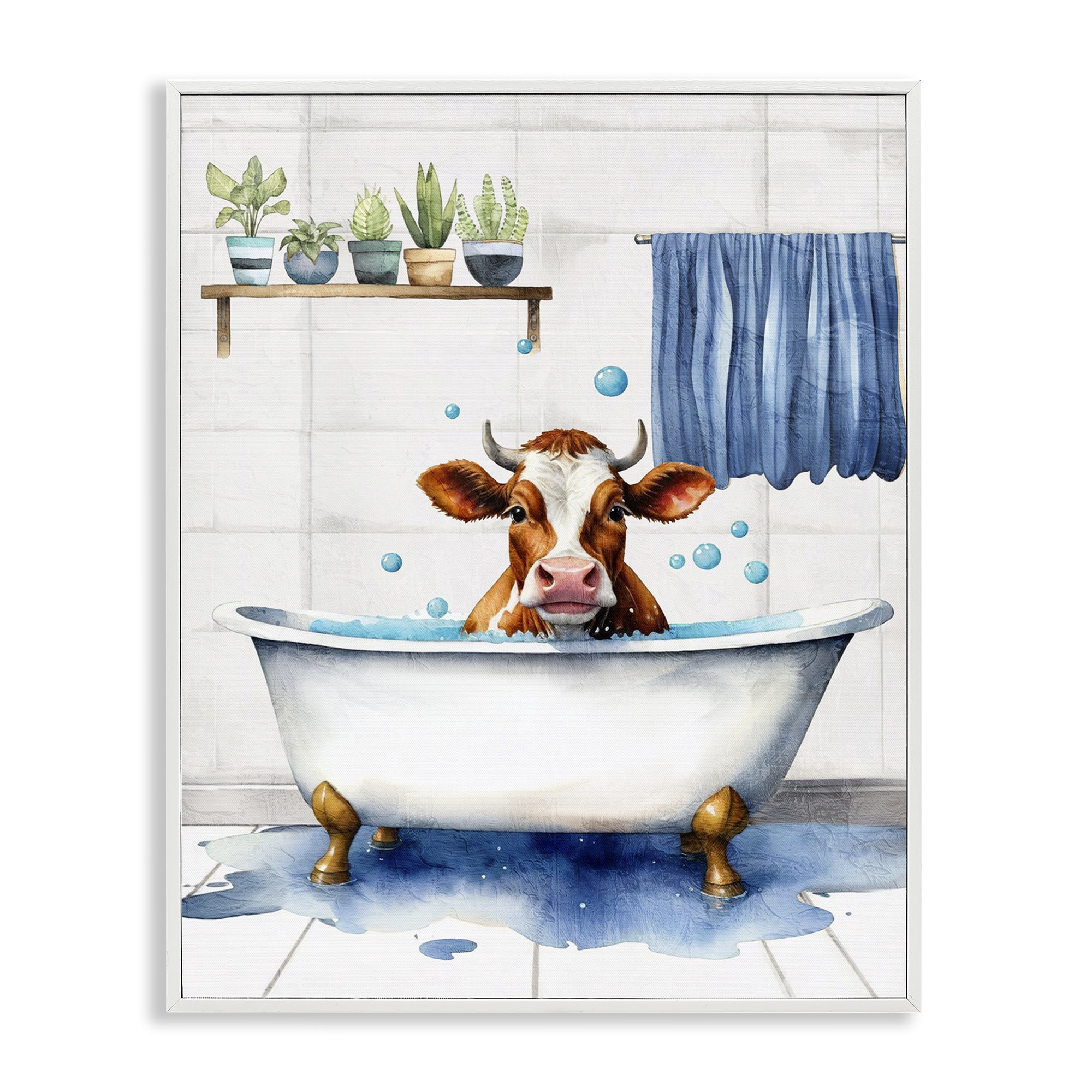 Stupell Industries Cattle Bathtime Suds Bath & Laundry Painting White Framed Art Print Wall Art, 16 x 20