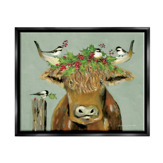Stupell Industries Cattle & Birds Holiday Holly Holiday Painting Black Floater Framed Art Print Wall Art