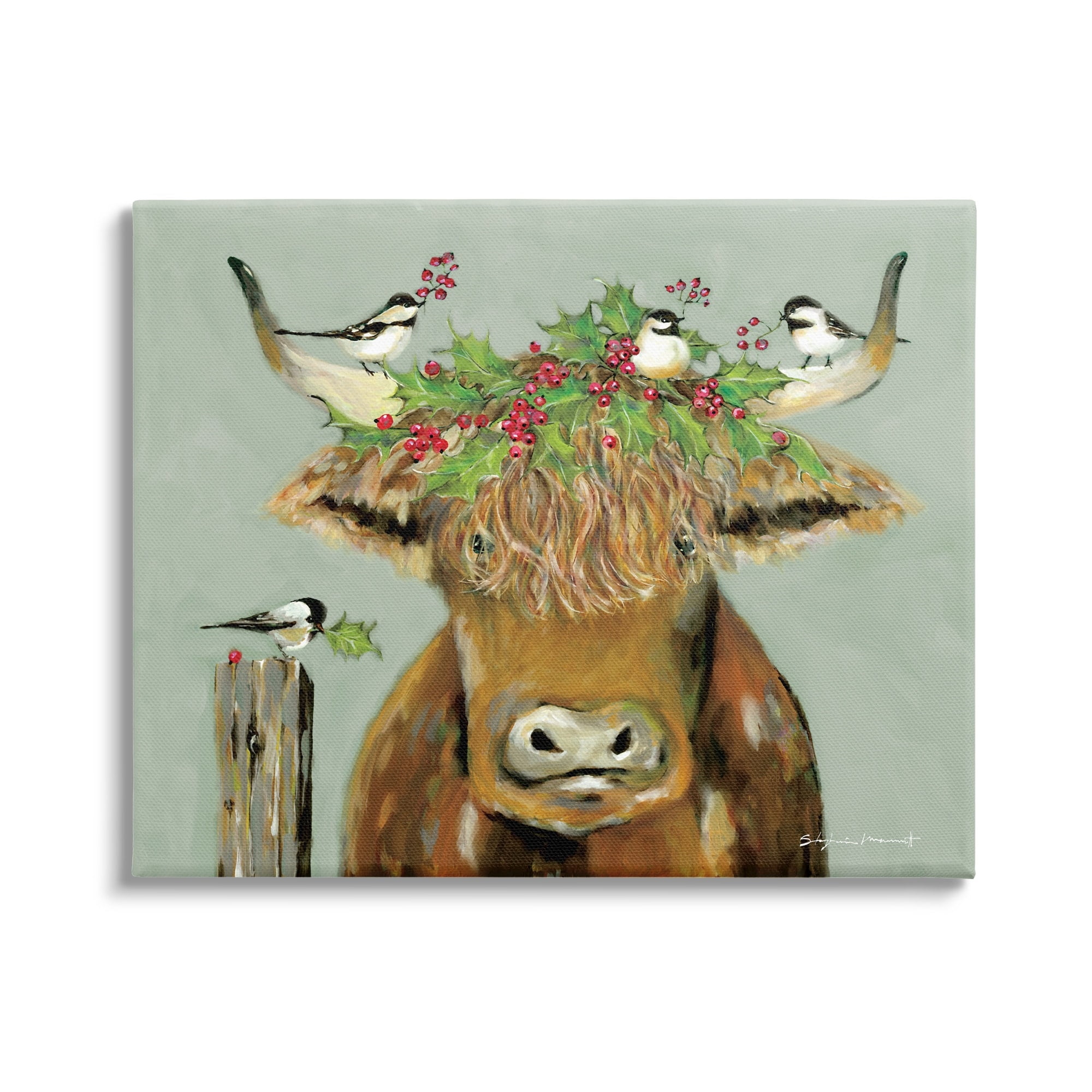 Stupell Industries Cattle & Birds Holiday Holly Holiday Painting Gallery Wrapped Canvas Print Wall Art
