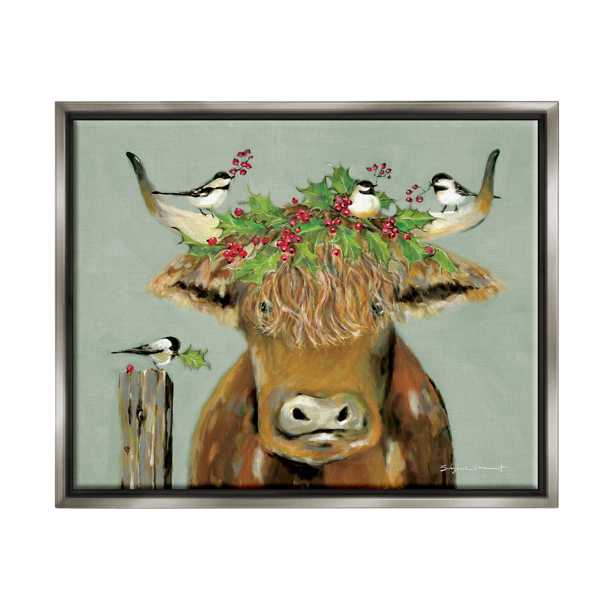 Stupell Industries Cattle & Birds Holiday Holly Holiday Painting Gray Floater Framed Art Print Wall Art