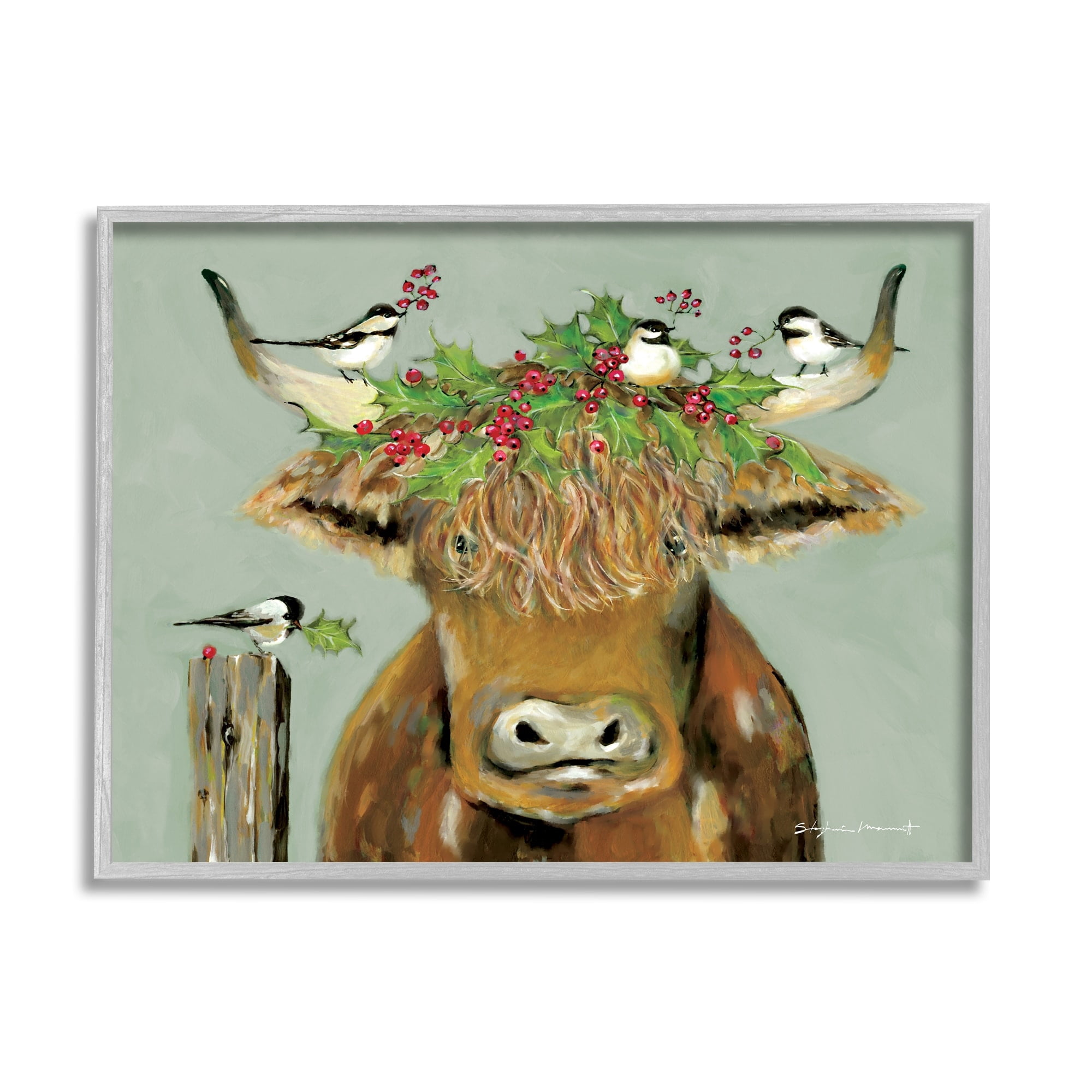 Stupell Industries Cattle & Birds Holiday Holly Holiday Painting Gray Framed Art Print Wall Art