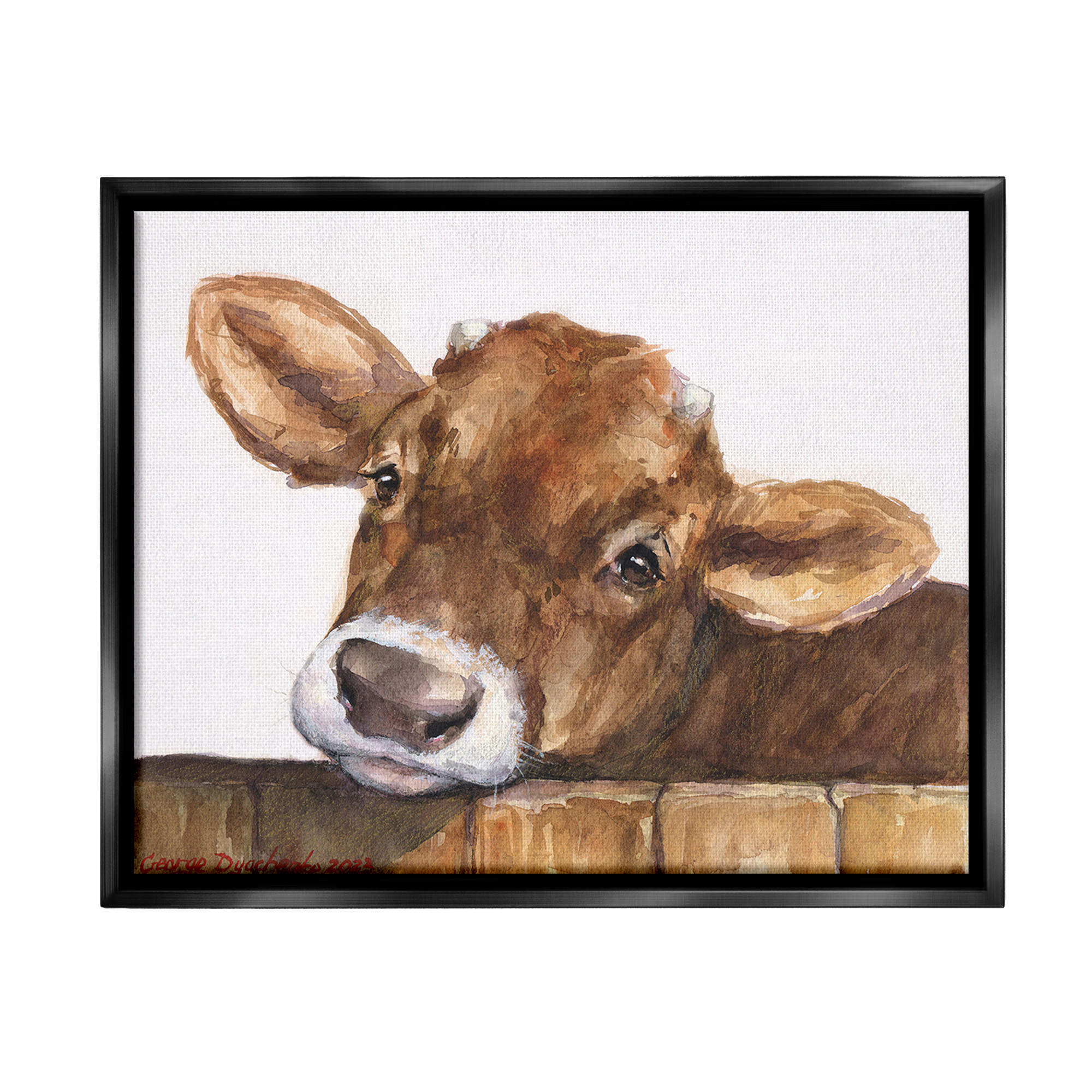 Stupell Industries Cattle Calf Gazing Animals & Insects Painting Black Floater Framed Canvas Art Print Wall Art, 31 x 25