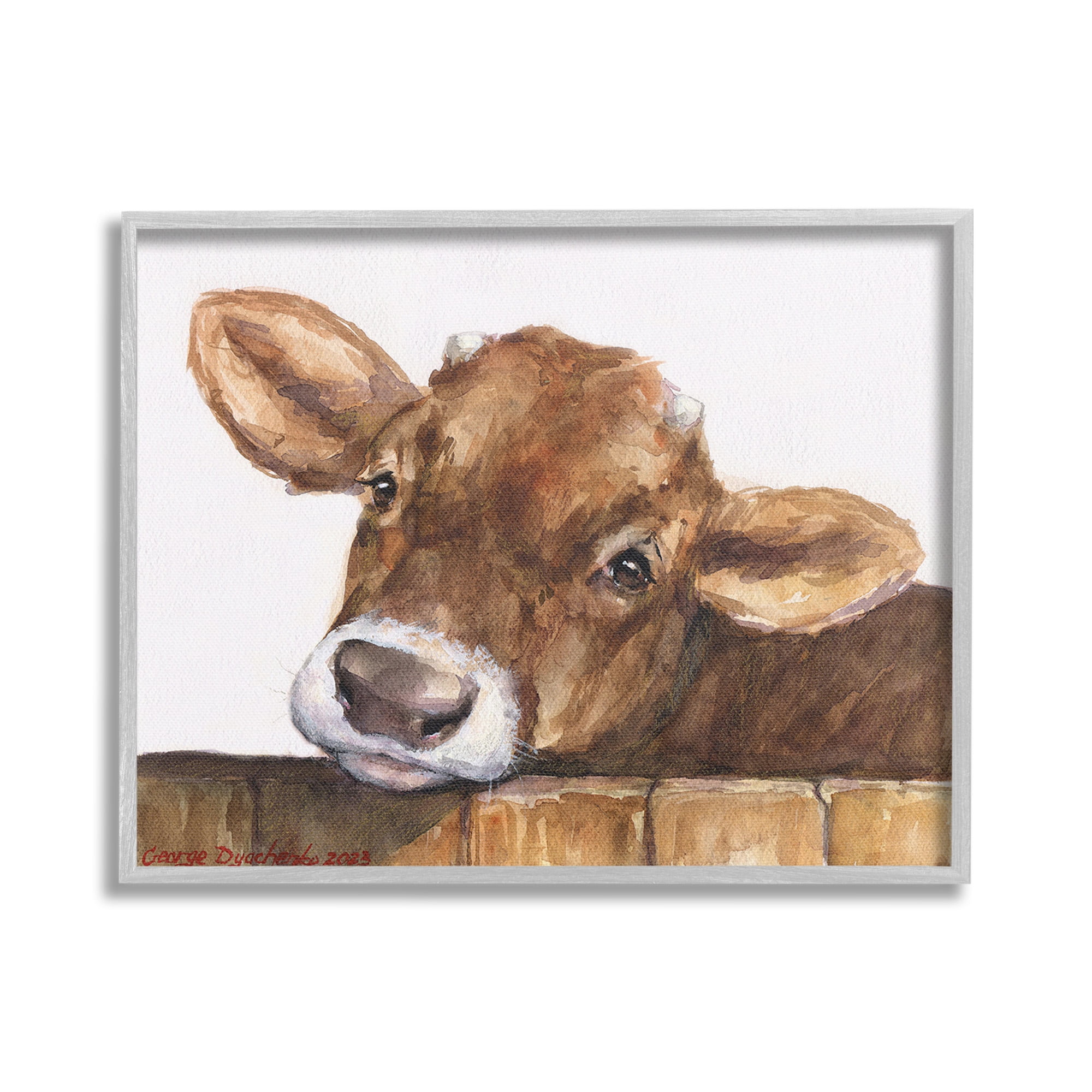 Stupell Industries Cattle Calf Gazing Animals & Insects Painting Gray Framed Art Print Wall Art, 30 x 24