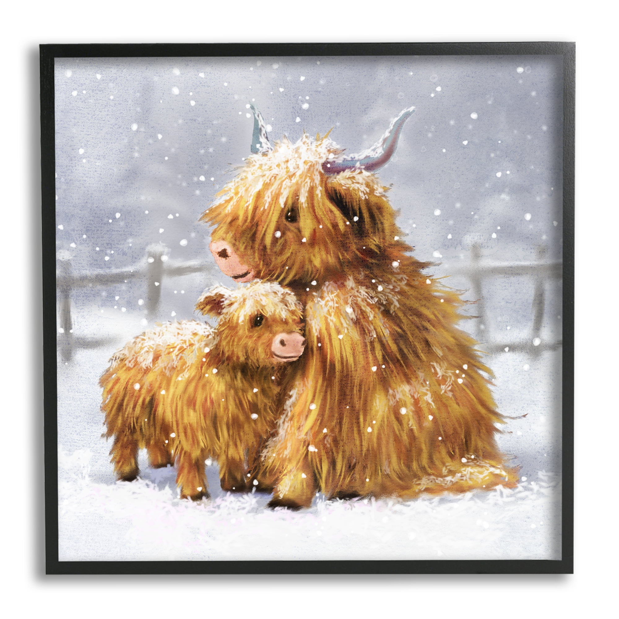 Stupell Industries Cattle Calf Snowy Farm Landscape Holiday Painting Black Framed Art Print Wall Art