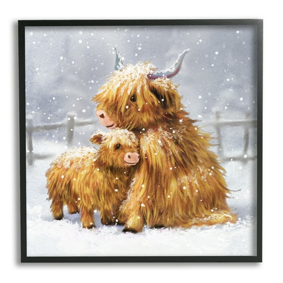Stupell Industries Cattle Calf Snowy Farm Landscape Holiday Painting Black Framed Art Print Wall Art