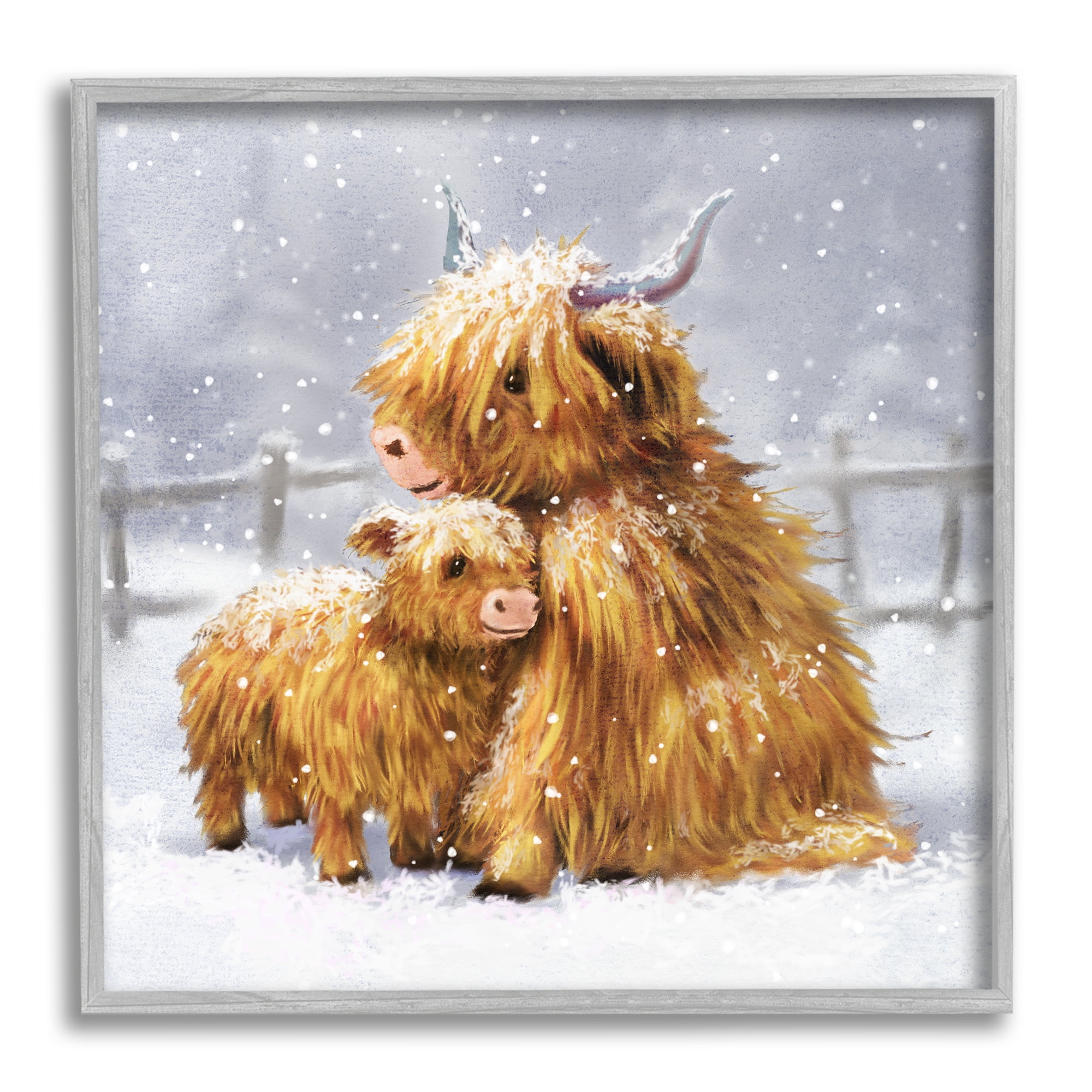 Stupell Industries Cattle Calf Snowy Farm Landscape Holiday Painting Gray Framed Art Print Wall Art