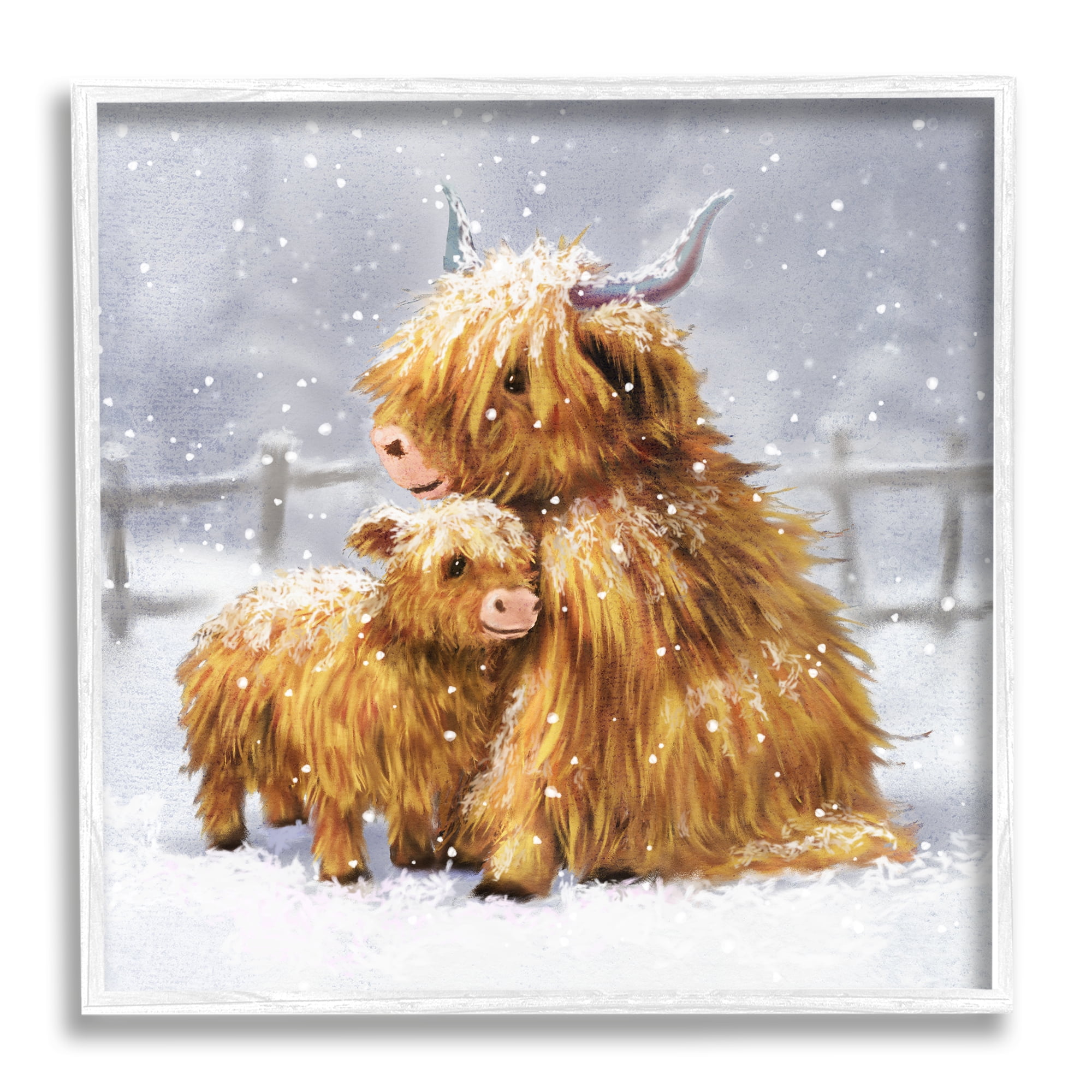 Stupell Industries Cattle Calf Snowy Farm Landscape Holiday Painting White Framed Art Print Wall Art