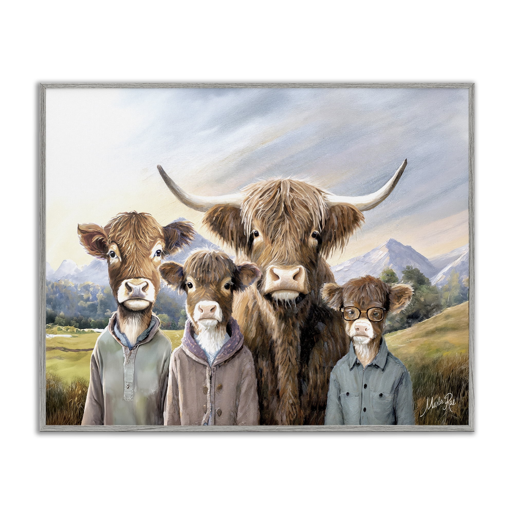 Stupell Industries Cattle Family Portrait Novelty & Humor Painting Gray Framed Art Print Wall Art, 20 x 16
