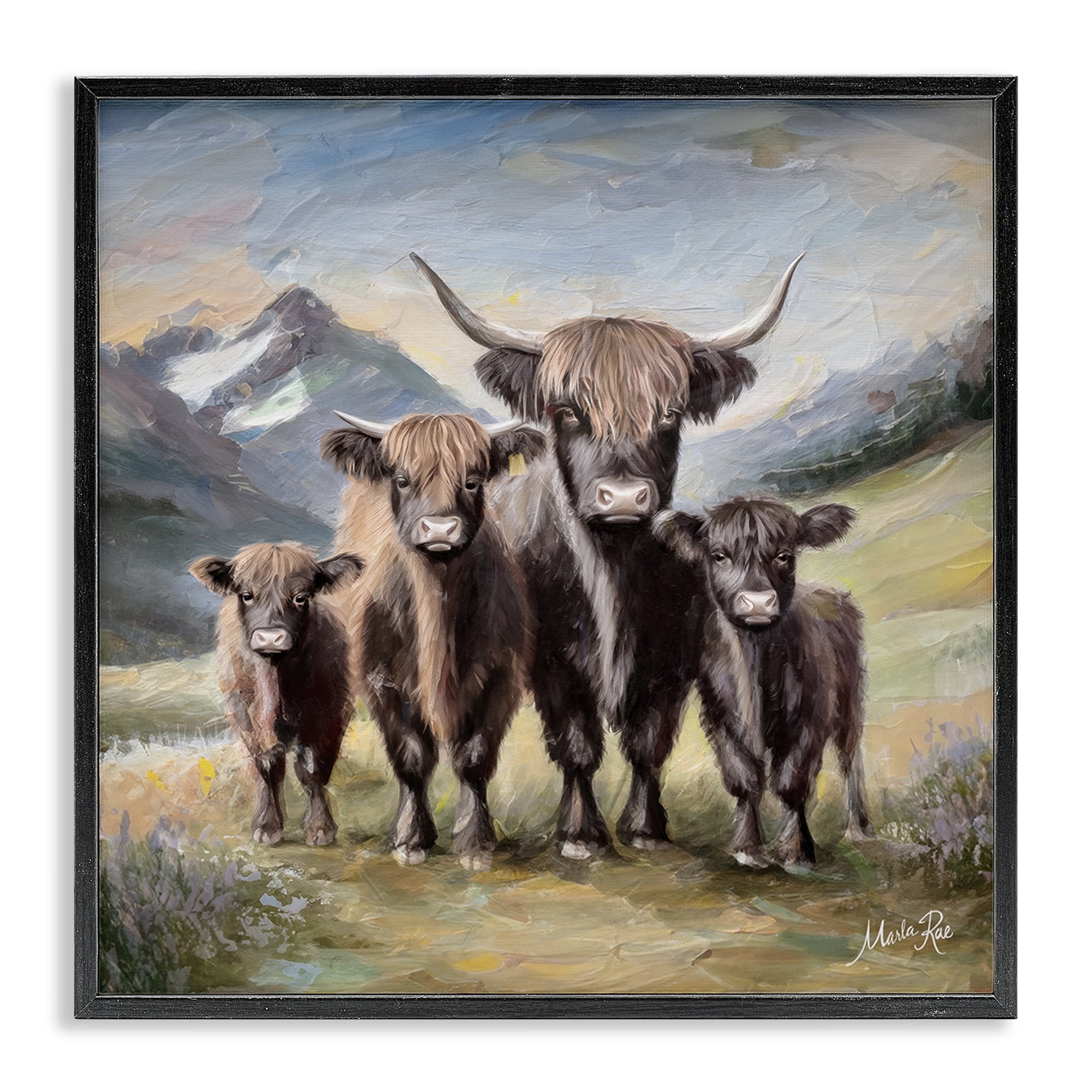 Stupell Industries Cattle Family in Highlands Animals Painting Black Framed Art Print Wall Art, 17 x 17