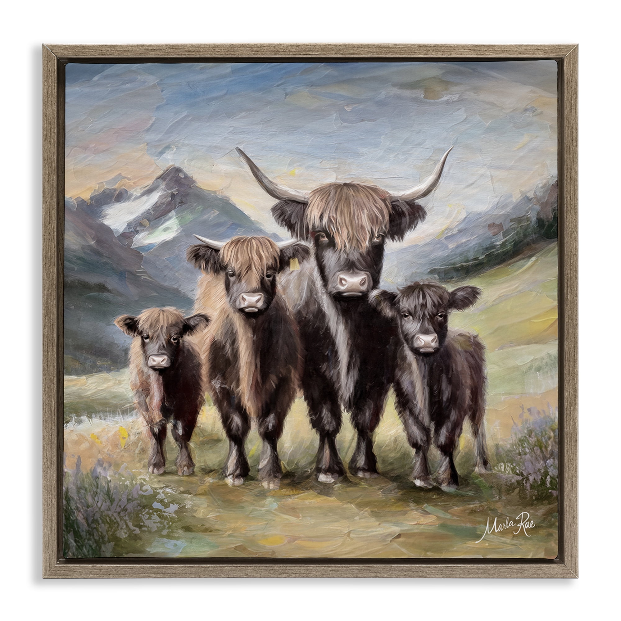 Stupell Industries Cattle Family in Highlands Animals Painting Brown Floater Framed Canvas Art Print Wall Art, 18 x 18