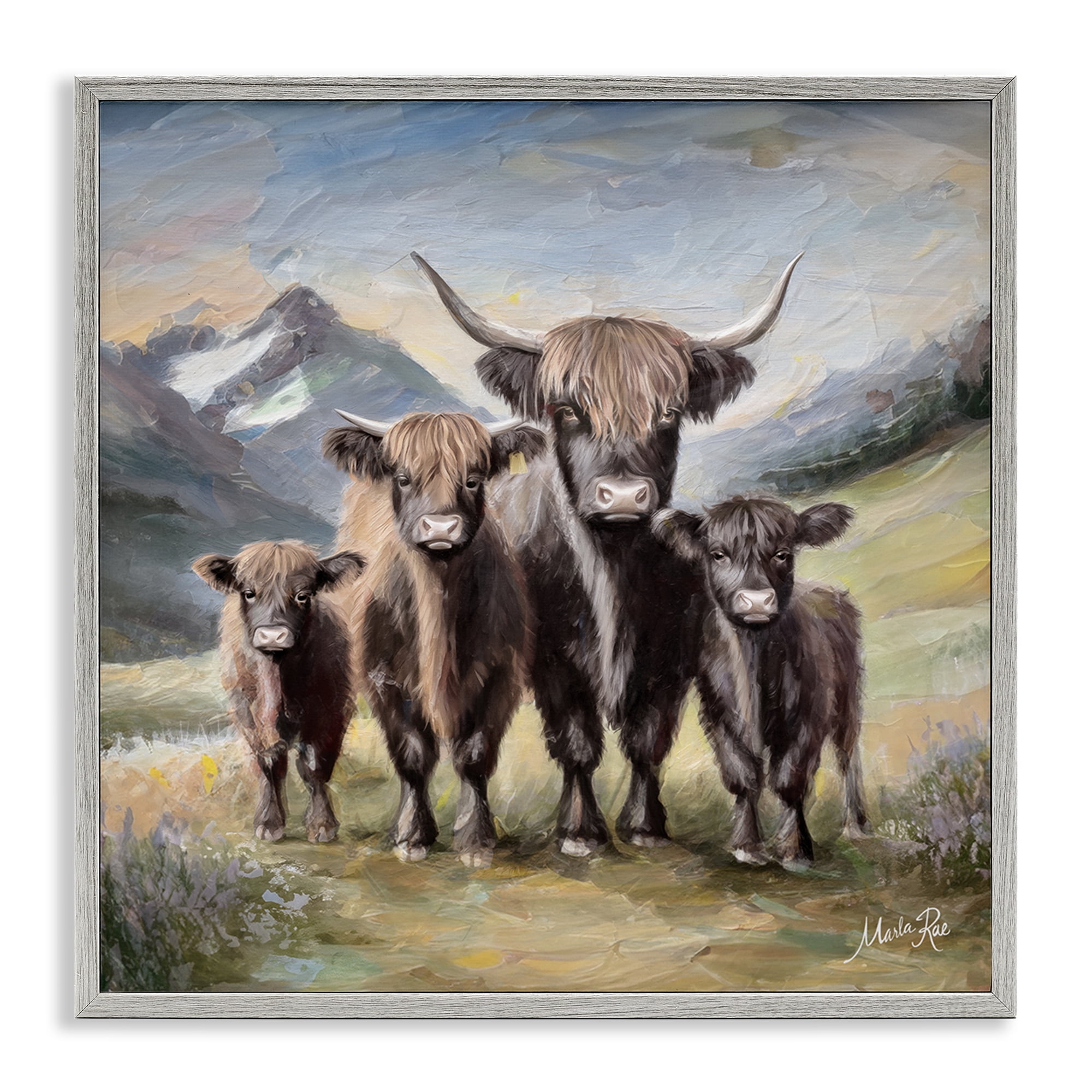 Stupell Industries Cattle Family in Highlands Animals Painting Gray Framed Art Print Wall Art, 12 x 12