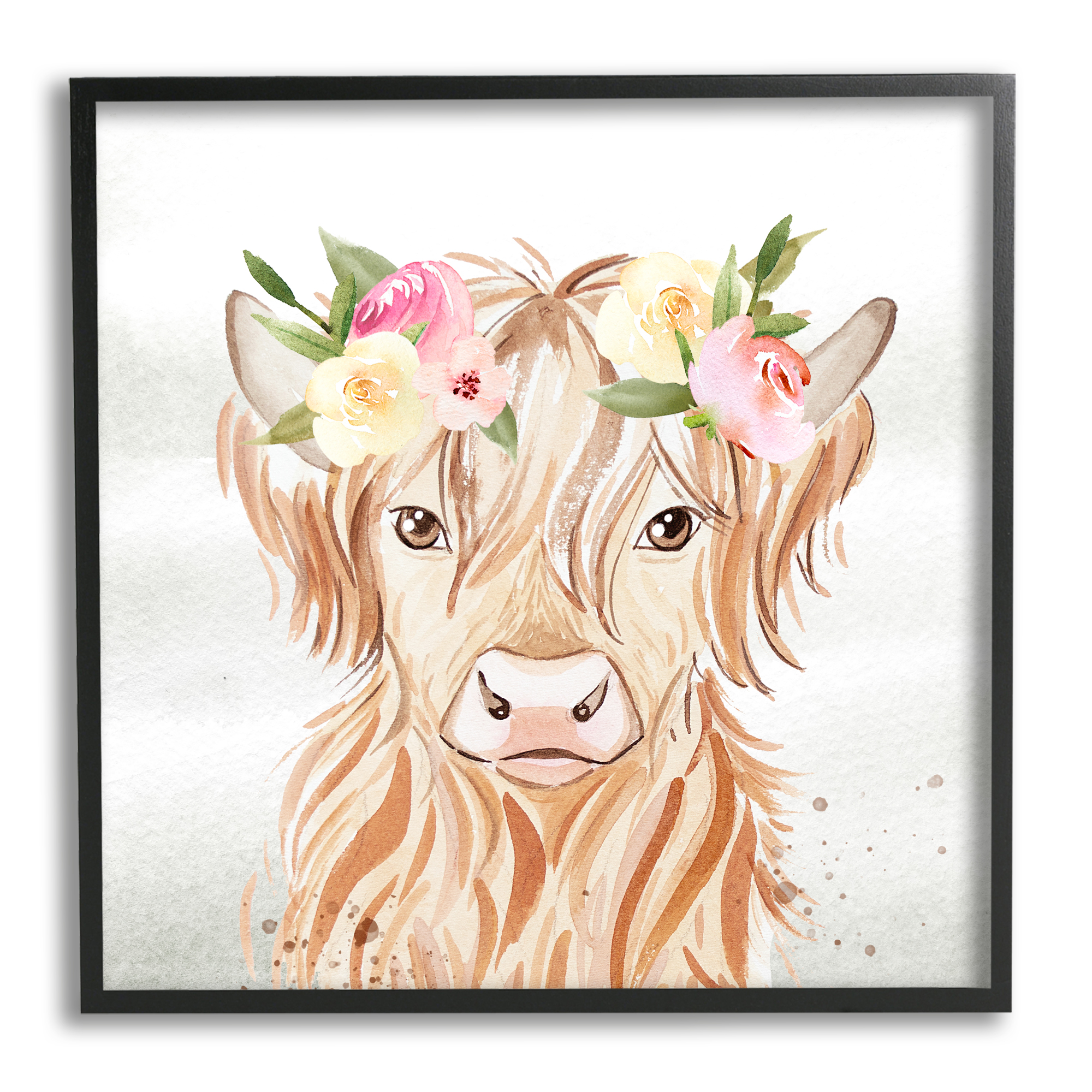 Stupell Industries Cattle & Floral Garland Animals & Insects Painting Black Framed Art Print Wall Art, 17 x 17