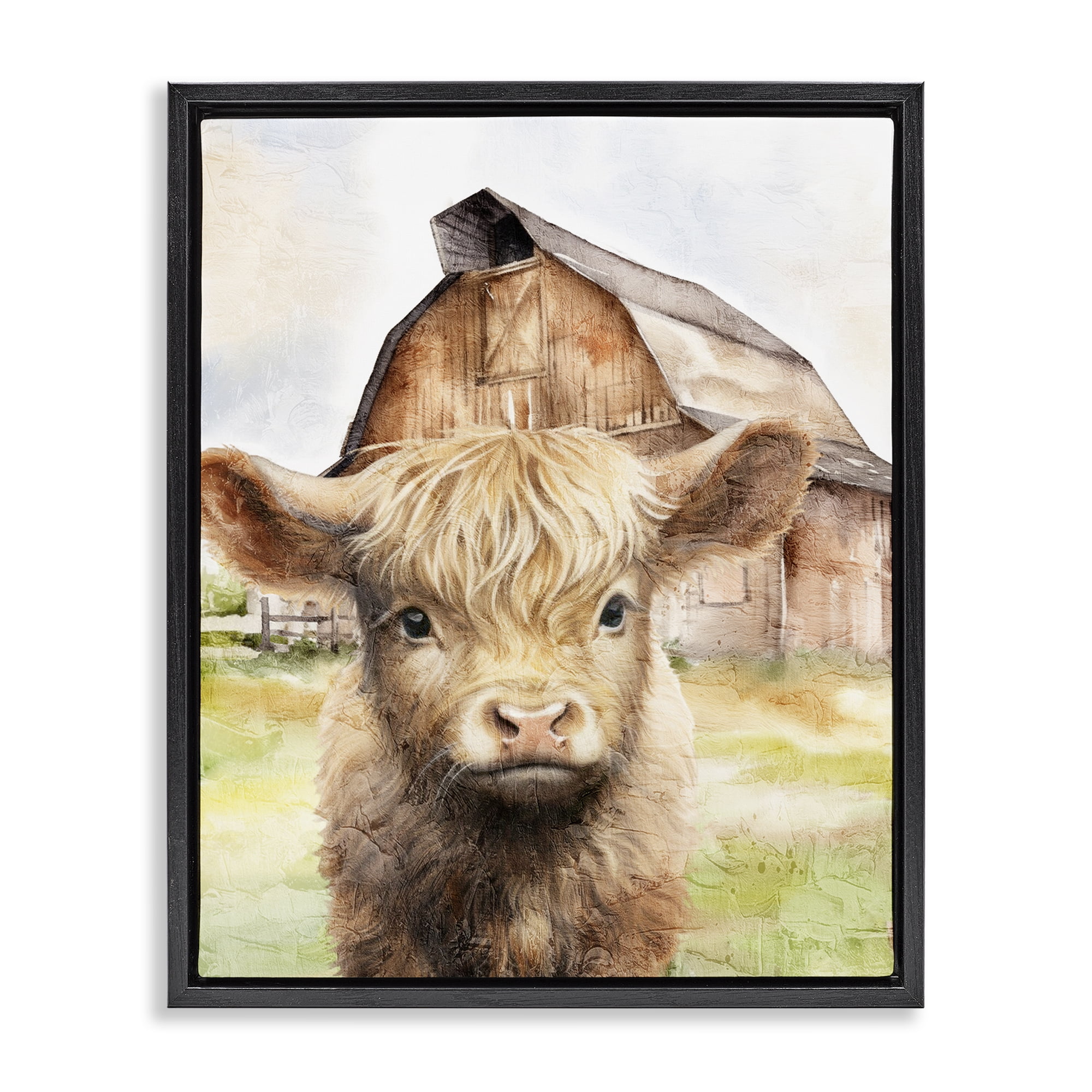 Stupell Industries Cattle Little at Farm Animals Painting Black Floater Framed Canvas Art Print Wall Art, 25 x 31
