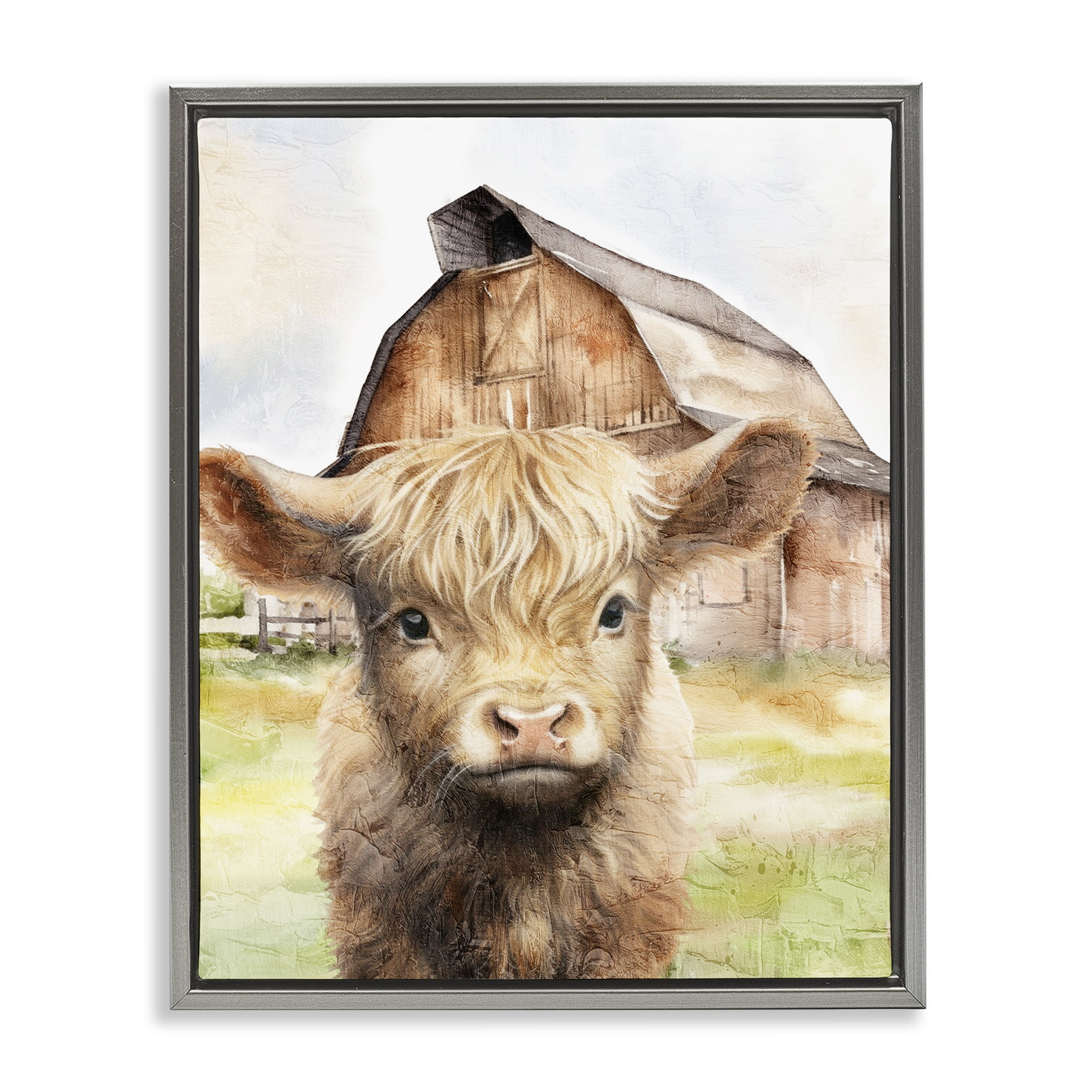 Stupell Industries Cattle Little at Farm Animals Painting Gray Floater Framed Canvas Art Print Wall Art, 25 x 31