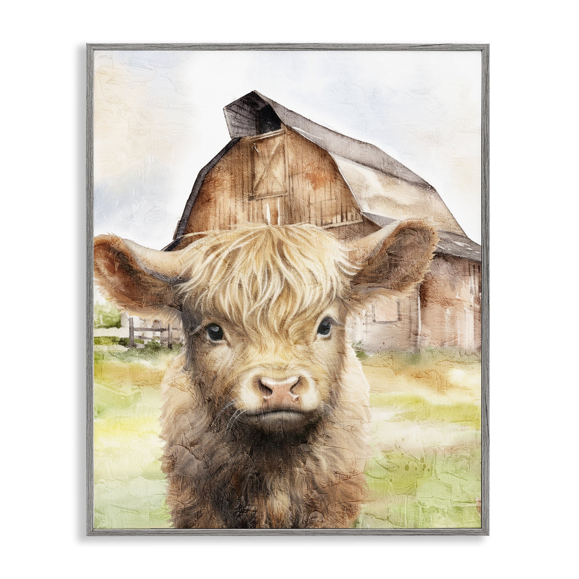 Stupell Industries Cattle Little at Farm Animals Painting Gray Framed Art Print Wall Art, 16 x 20