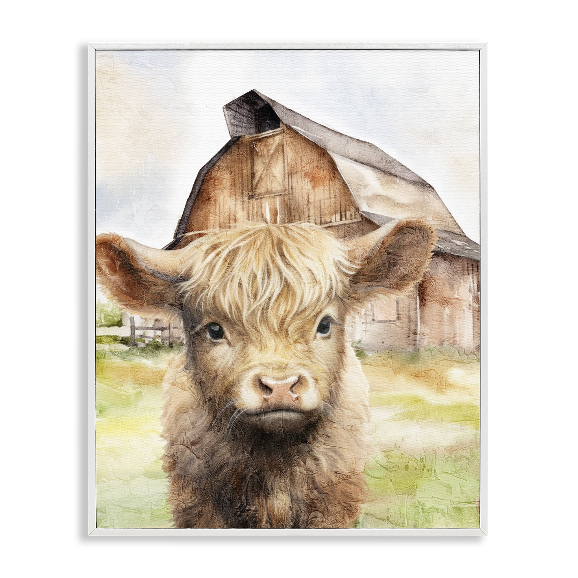 Stupell Industries Cattle Little at Farm Animals Painting White Framed Art Print Wall Art, 16 x 20