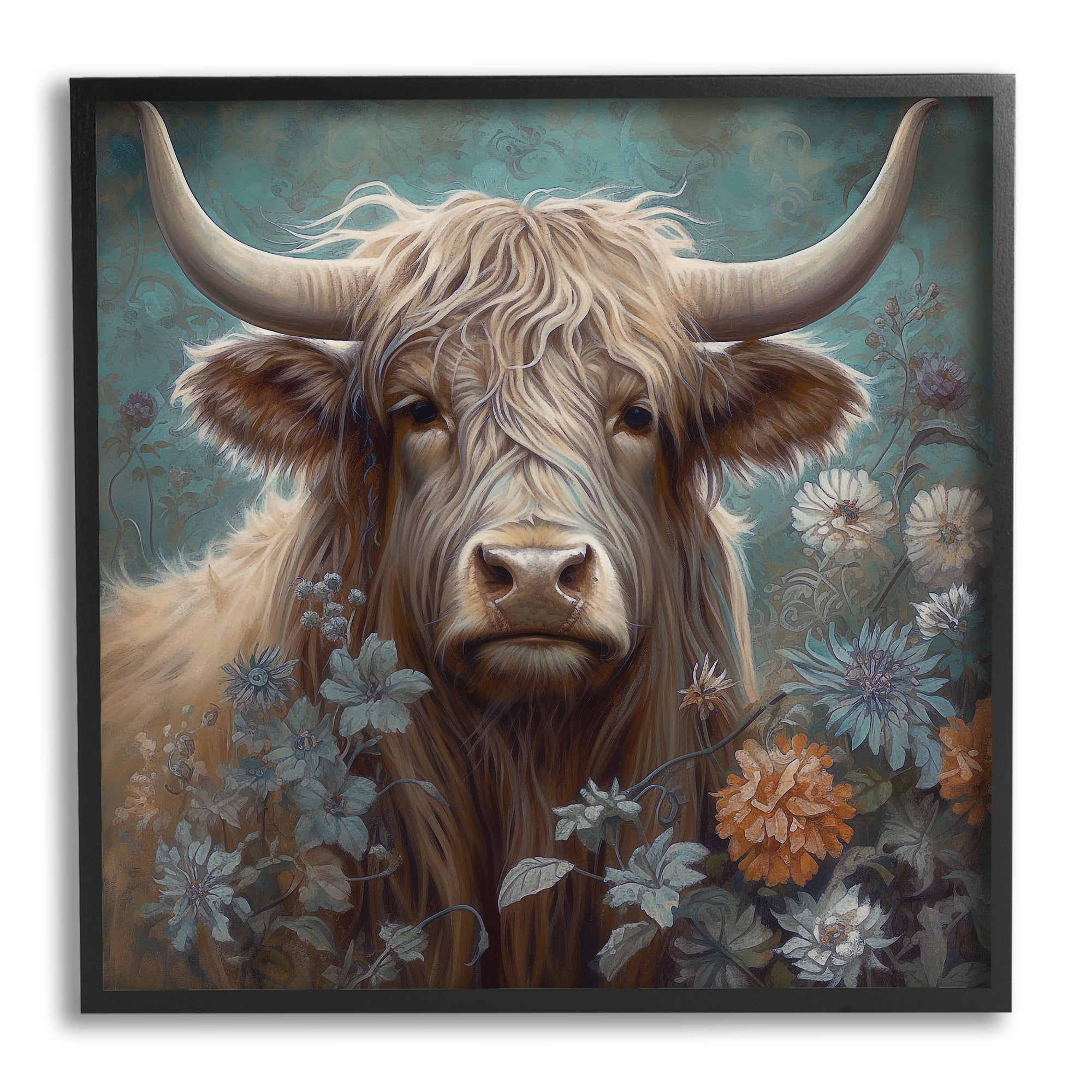 Stupell Industries Cattle & Mixed Florals Animals & Insects Painting Black Framed Art Print Wall Art, 17 x 17