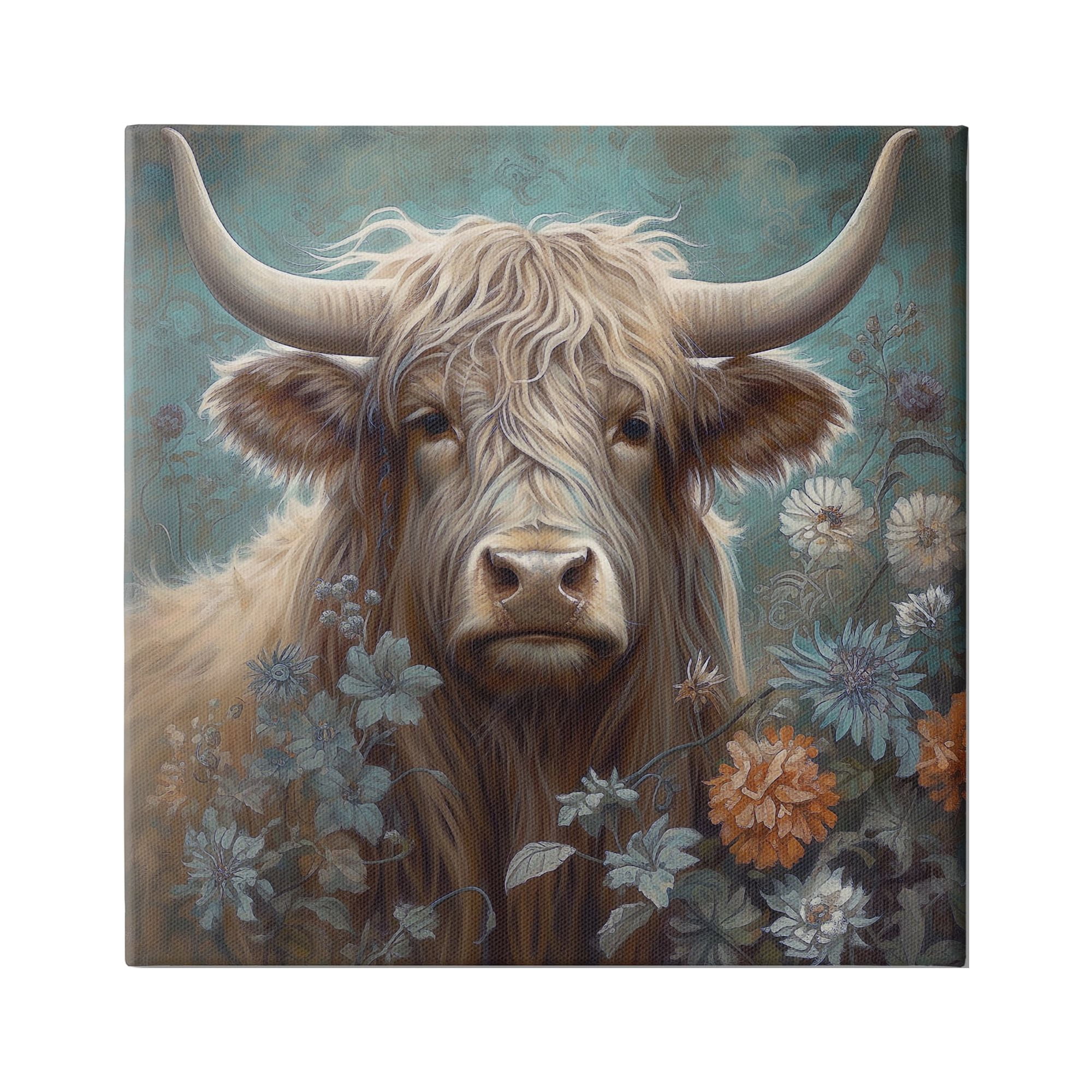 Stupell Industries Cattle & Mixed Florals Animals & Insects Painting Gallery Wrapped Canvas Art Print Wall Art, 17 x 17